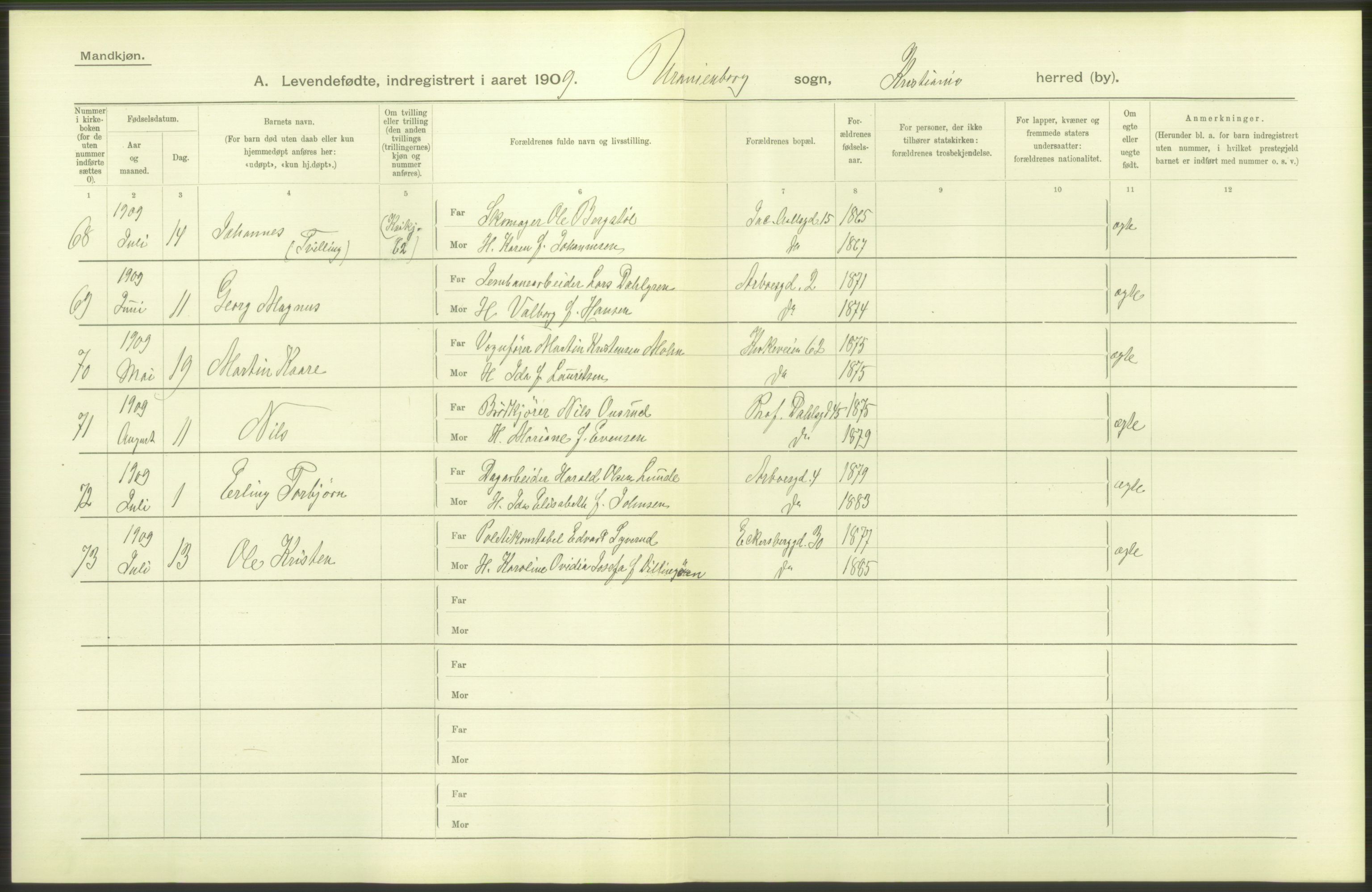 Statistisk sentralbyrå, Sosiodemografiske emner, Befolkning, AV/RA-S-2228/D/Df/Dfa/Dfag/L0007: Kristiania: Levendefødte menn og kvinner., 1909, p. 38