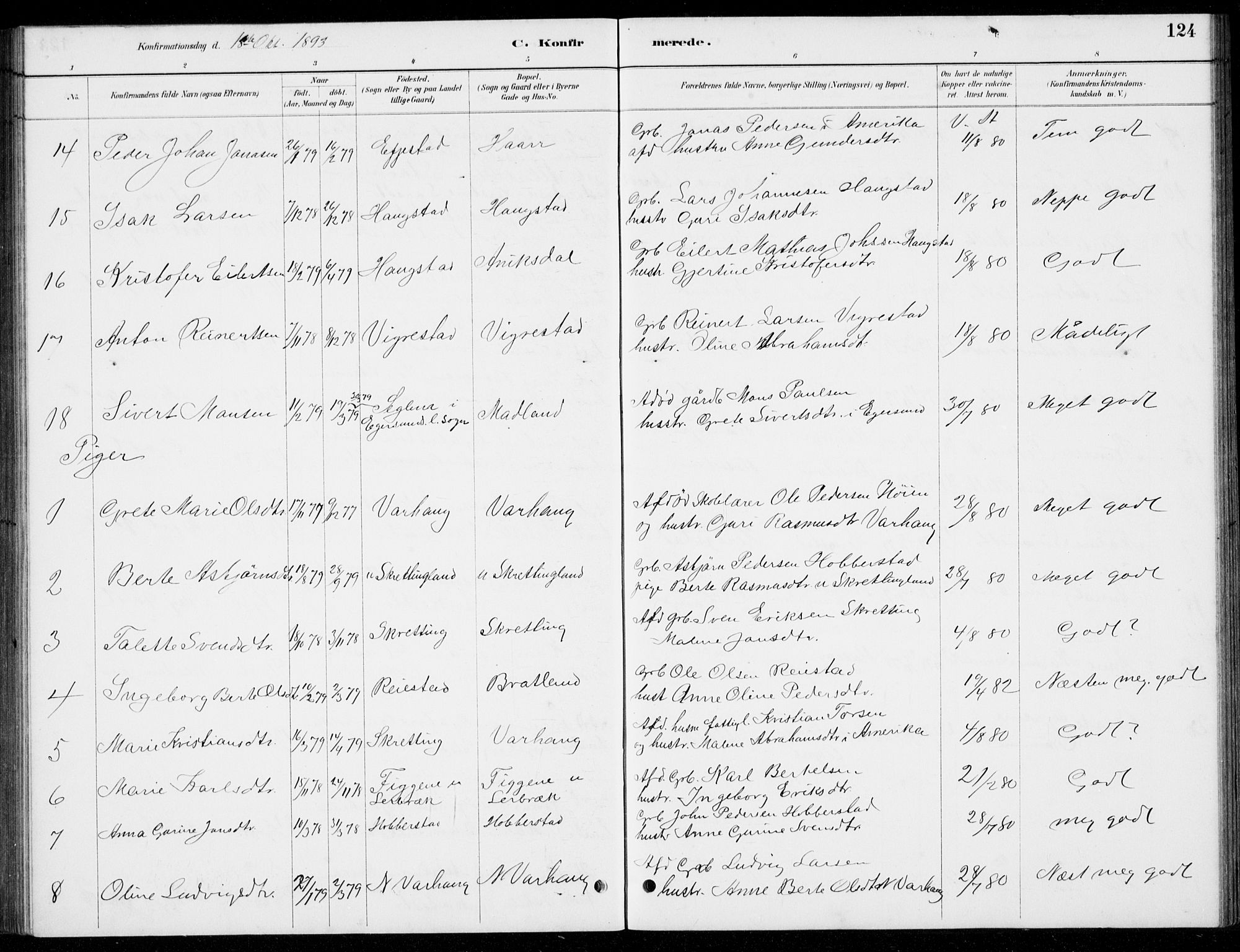 Hå sokneprestkontor, SAST/A-101801/001/30BB/L0004: Parish register (copy) no. B 4, 1883-1899, p. 124