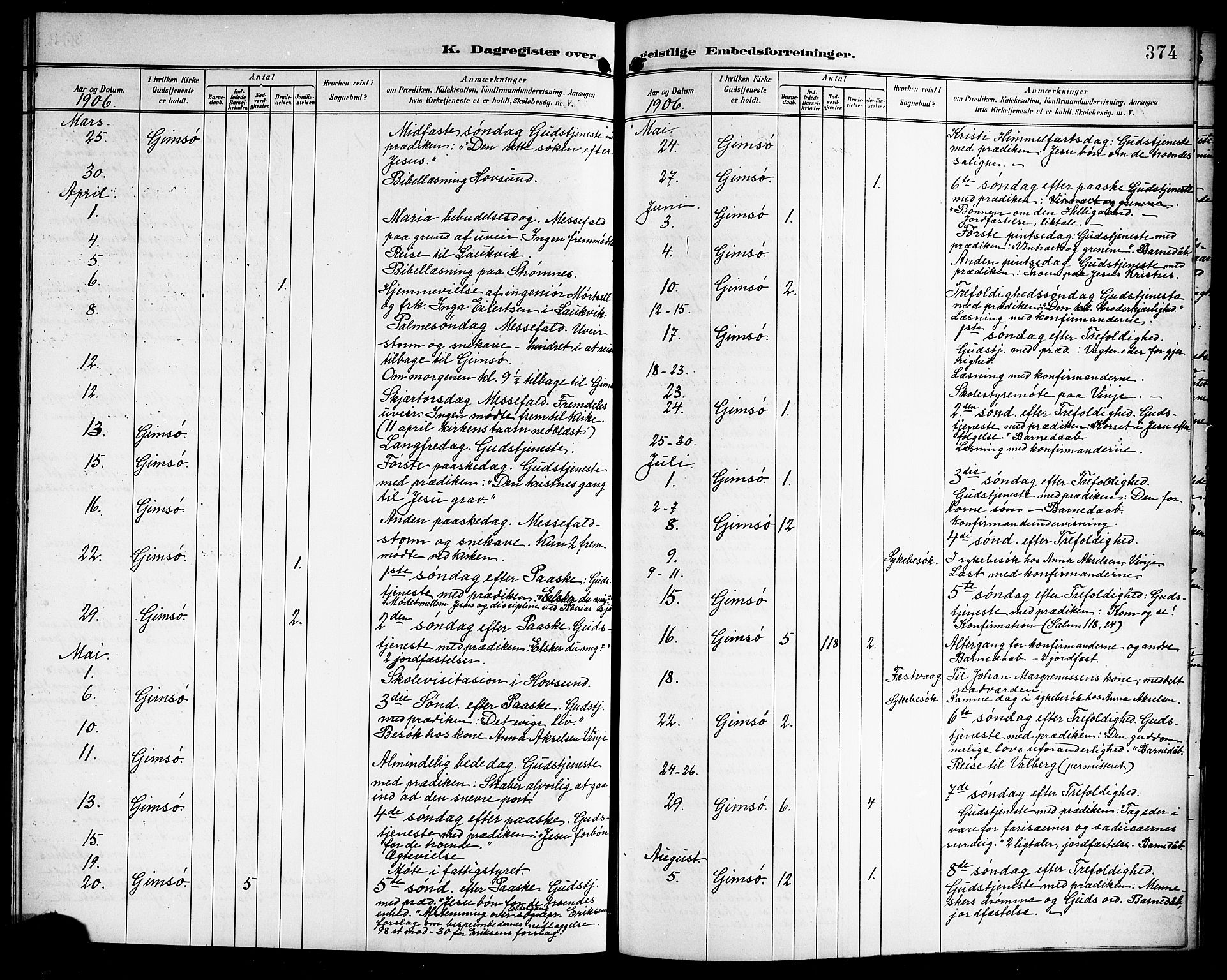 Ministerialprotokoller, klokkerbøker og fødselsregistre - Nordland, AV/SAT-A-1459/876/L1105: Parish register (copy) no. 876C04, 1896-1914, p. 374