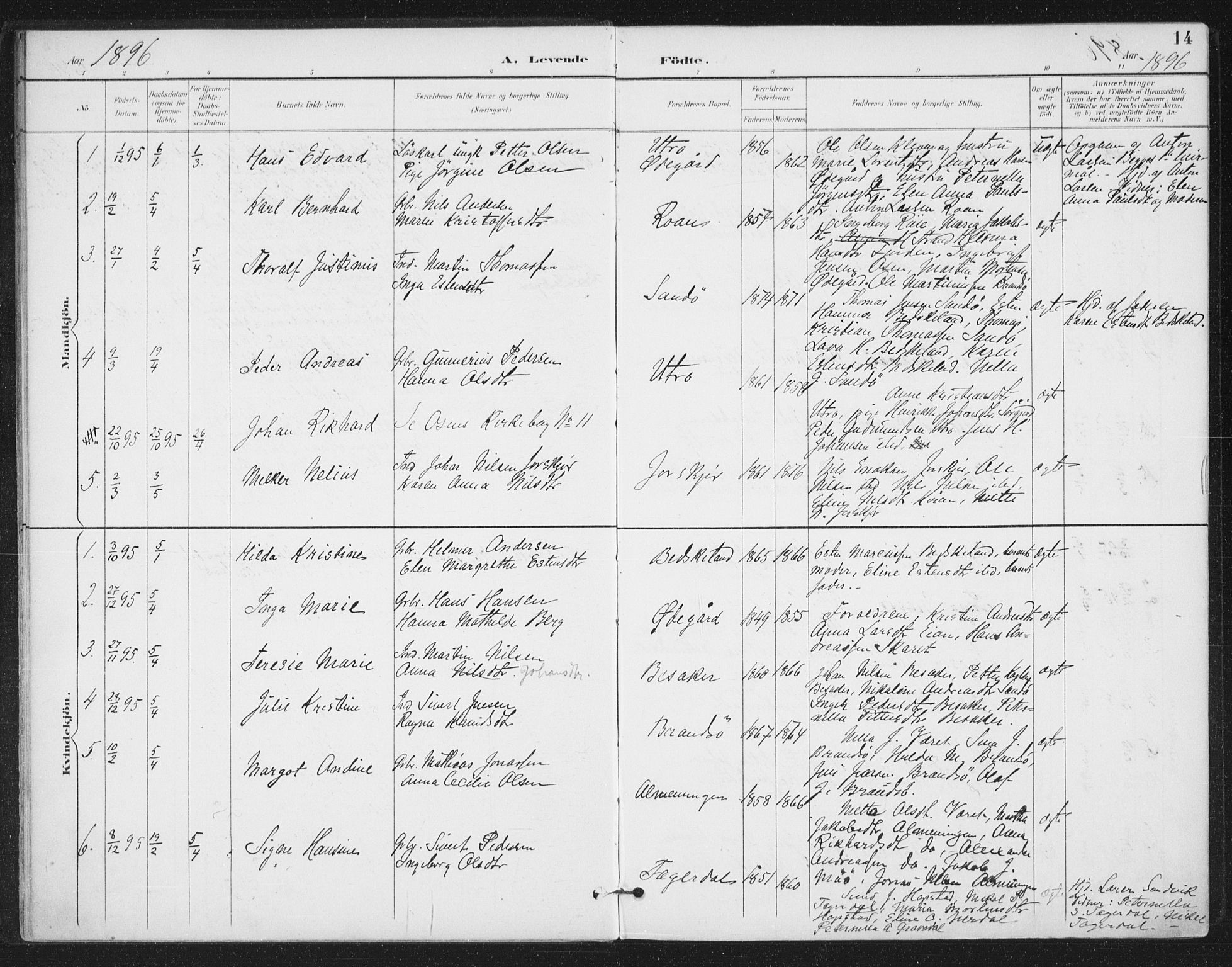 Ministerialprotokoller, klokkerbøker og fødselsregistre - Sør-Trøndelag, SAT/A-1456/657/L0708: Parish register (official) no. 657A09, 1894-1904, p. 14