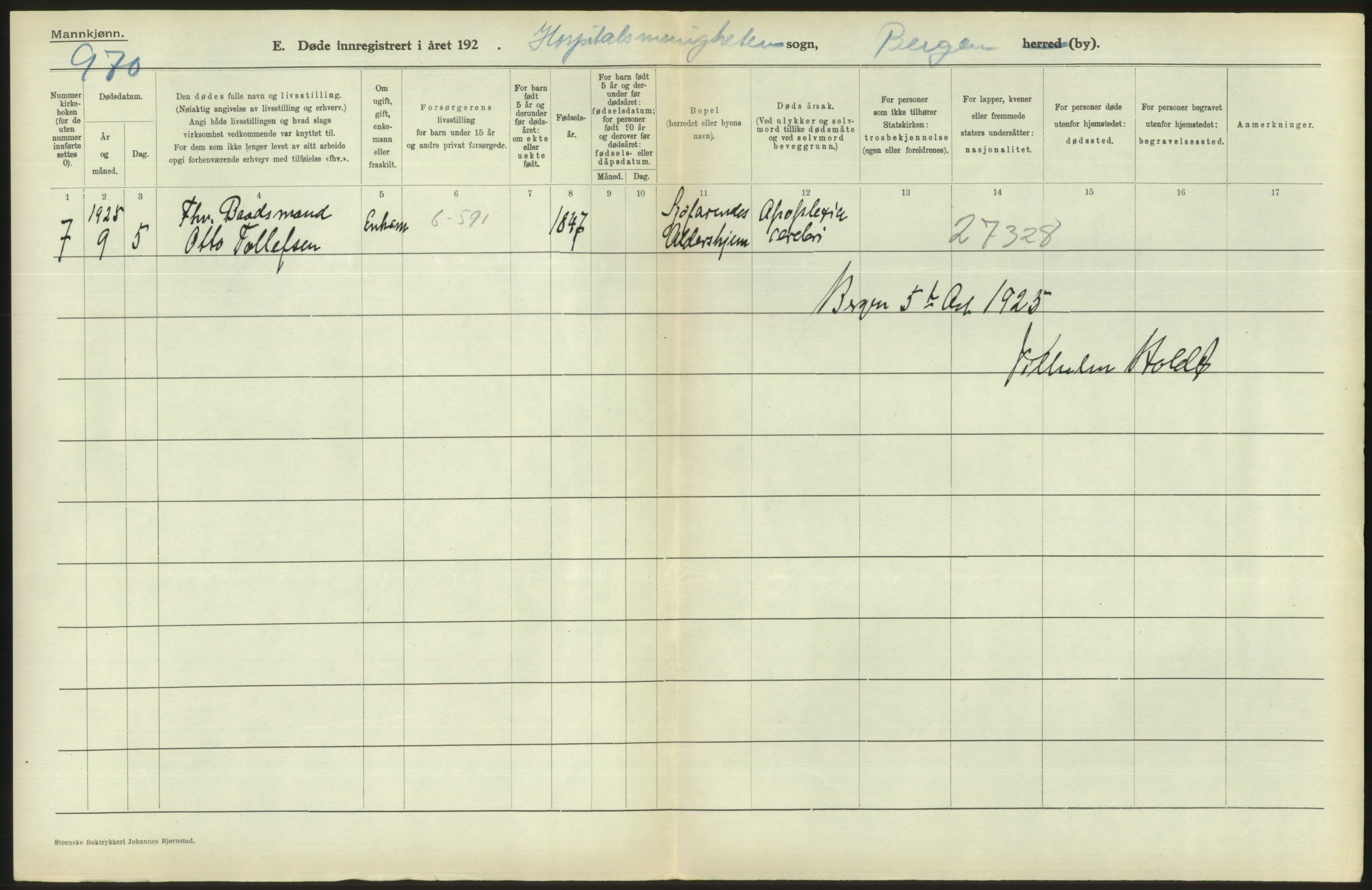 Statistisk sentralbyrå, Sosiodemografiske emner, Befolkning, RA/S-2228/D/Df/Dfc/Dfce/L0029: Bergen: Gifte, døde., 1925, p. 514