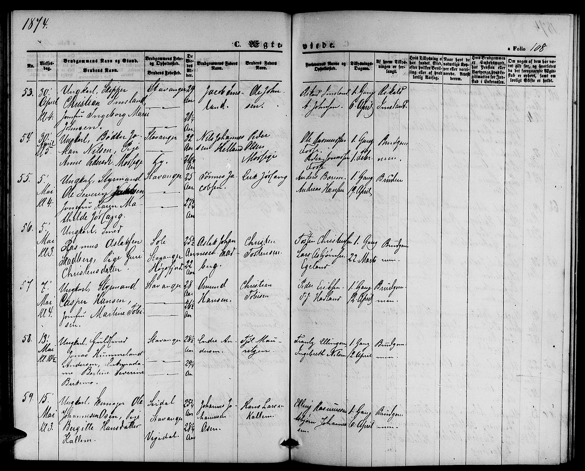 St. Petri sokneprestkontor, AV/SAST-A-101813/001/30/30BB/L0002: Parish register (copy) no. B 2, 1865-1885, p. 108