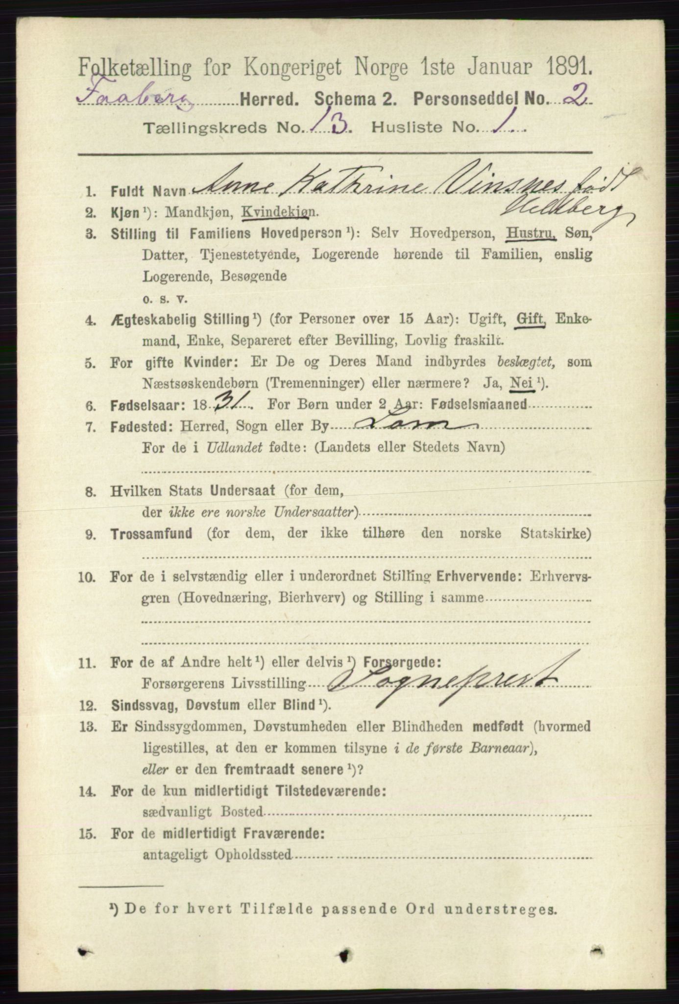 RA, 1891 census for 0524 Fåberg, 1891, p. 5246