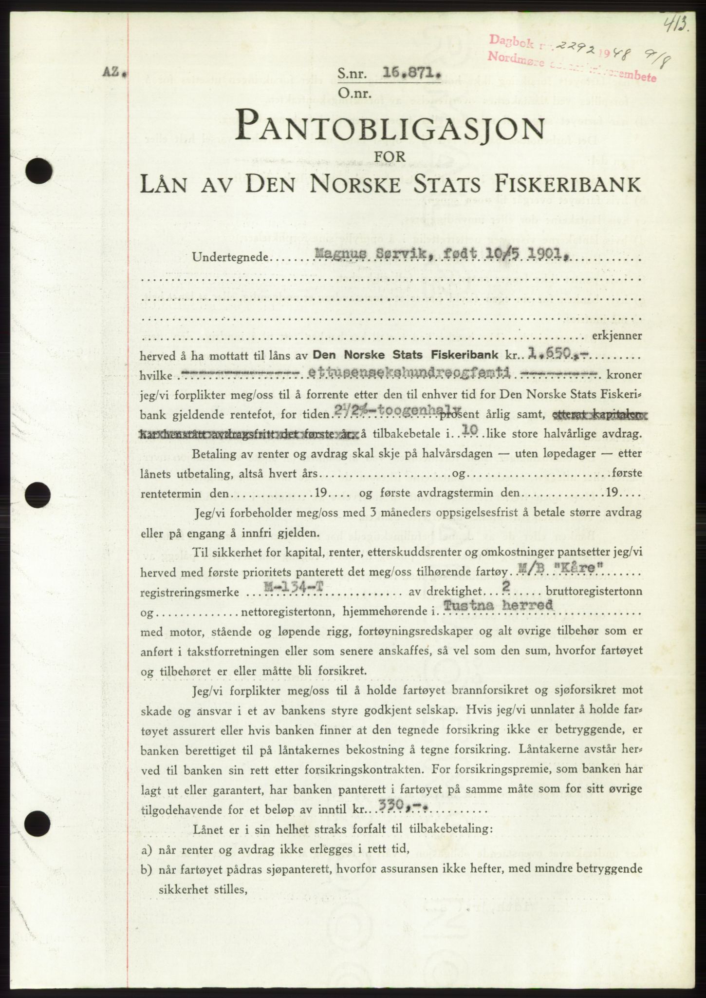 Nordmøre sorenskriveri, AV/SAT-A-4132/1/2/2Ca: Mortgage book no. B99, 1948-1948, Diary no: : 2292/1948