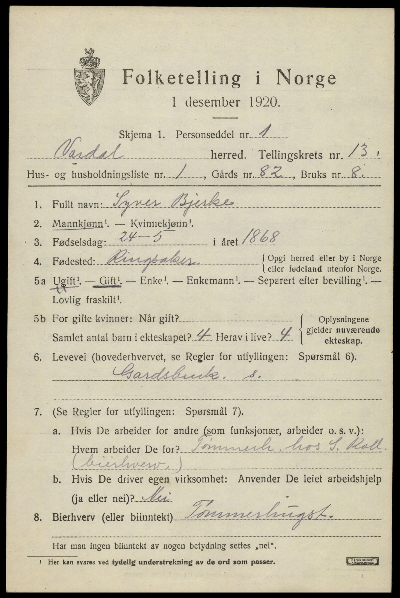 SAH, 1920 census for Vardal, 1920, p. 13797