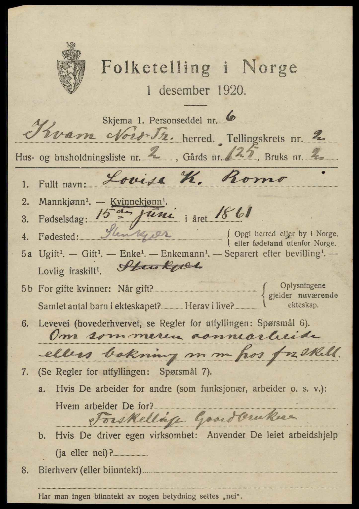 SAT, 1920 census for Kvam, 1920, p. 699