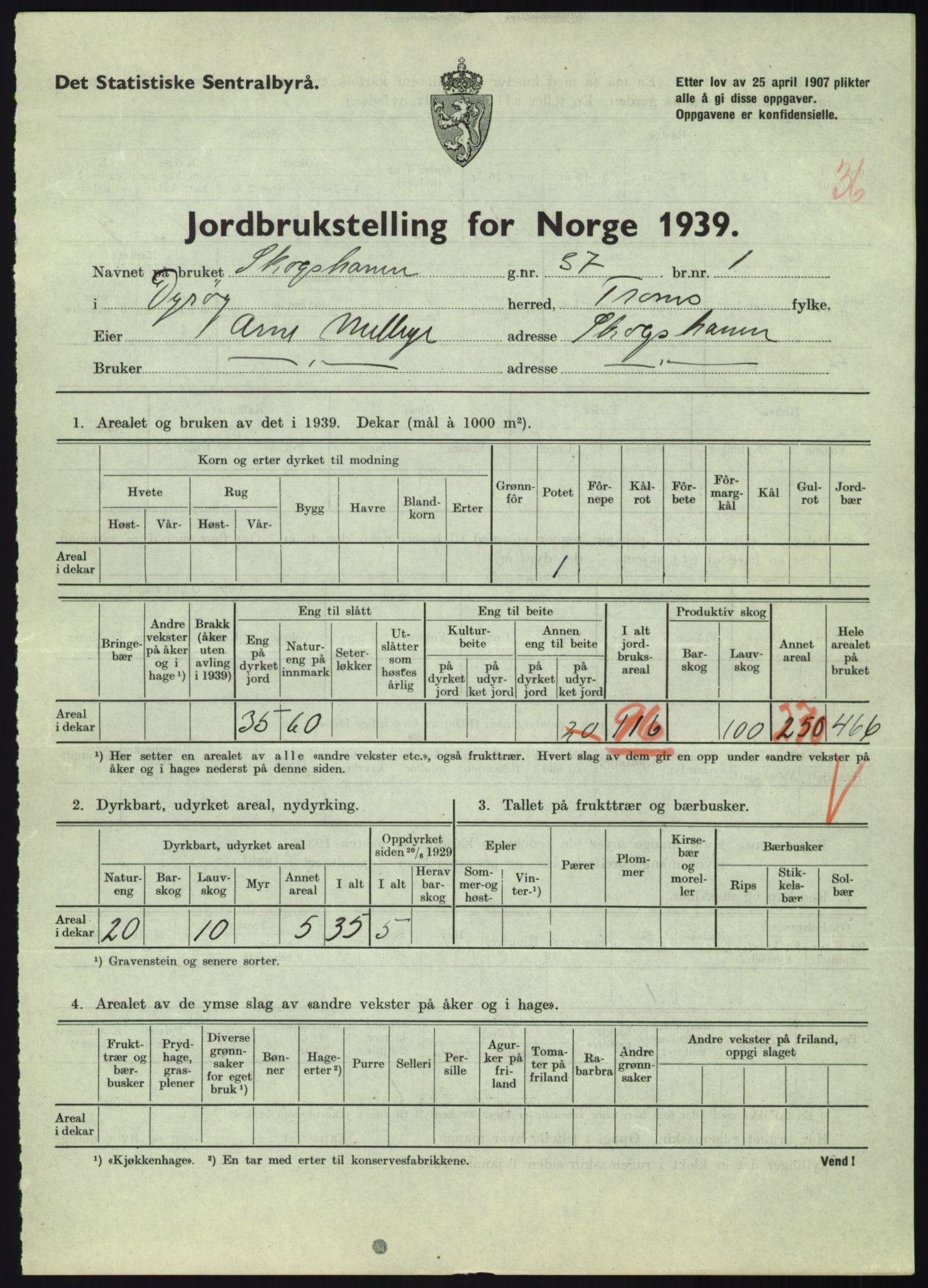 Statistisk sentralbyrå, Næringsøkonomiske emner, Jordbruk, skogbruk, jakt, fiske og fangst, AV/RA-S-2234/G/Gb/L0340: Troms: Salangen og Dyrøy, 1939, p. 1541