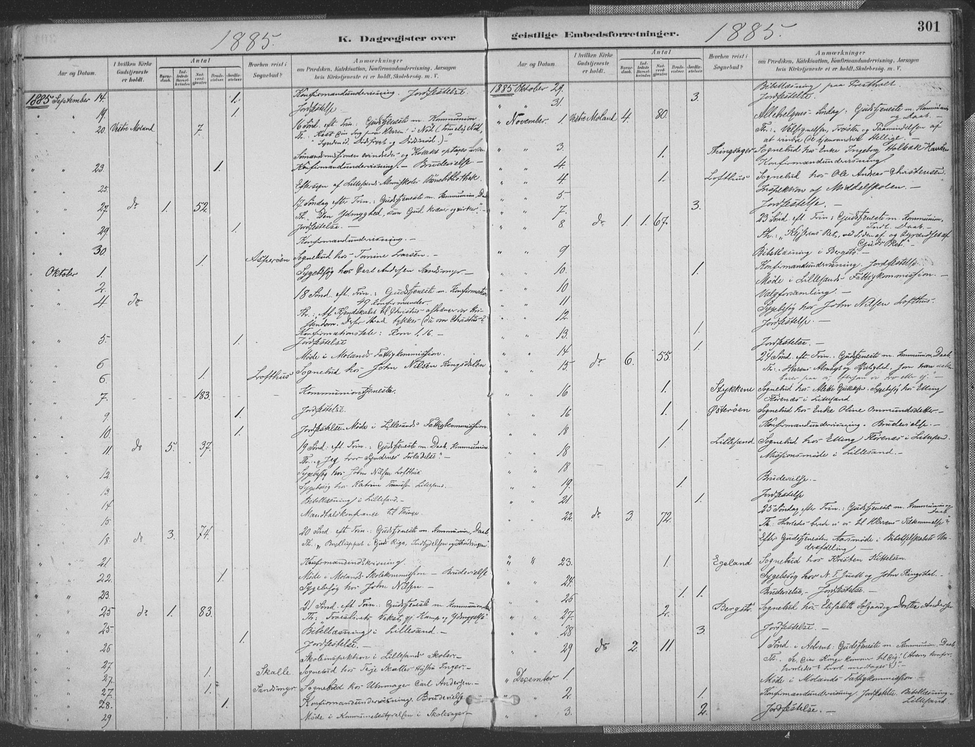 Vestre Moland sokneprestkontor, AV/SAK-1111-0046/F/Fa/Fab/L0009: Parish register (official) no. A 9, 1884-1899, p. 301