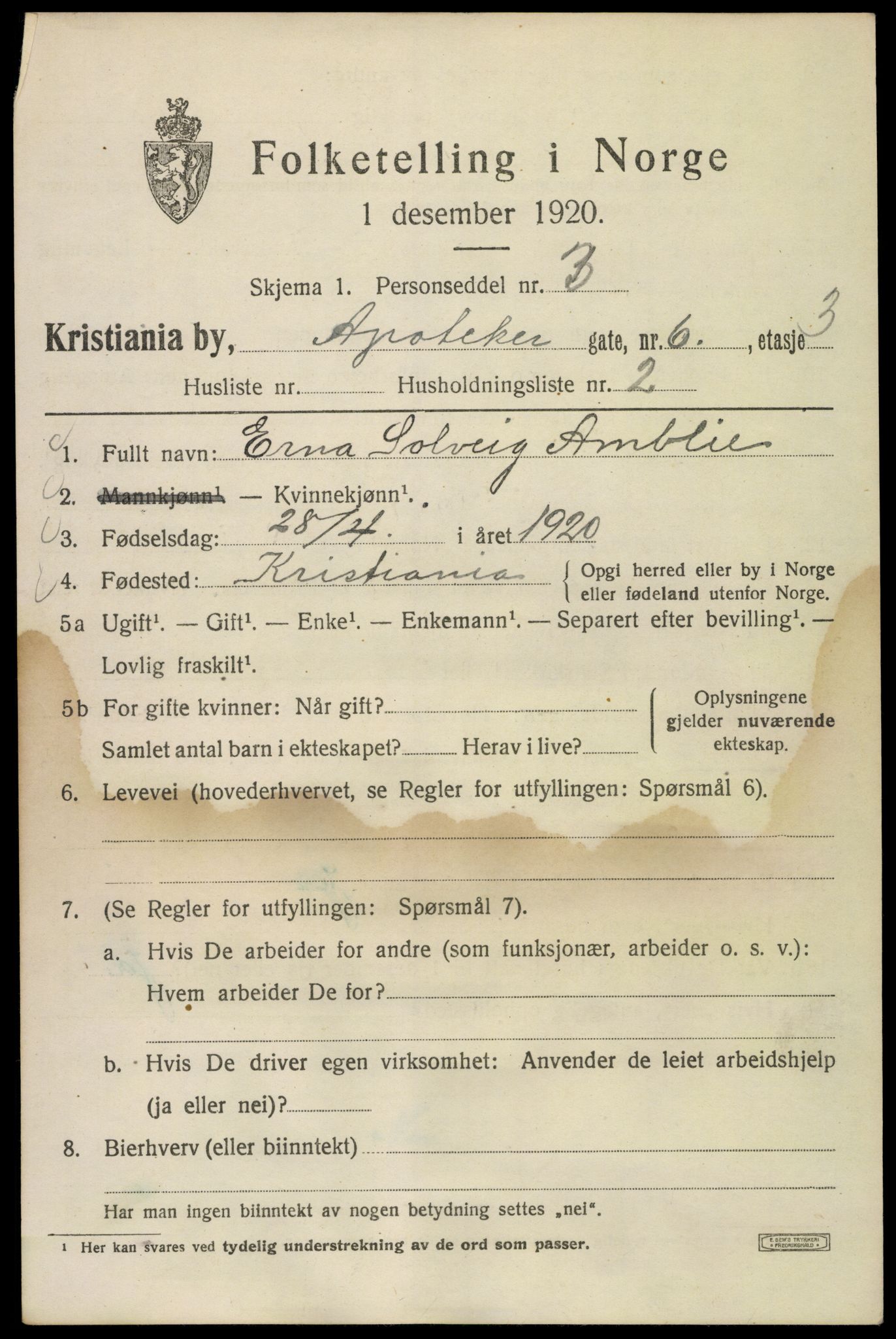 SAO, 1920 census for Kristiania, 1920, p. 141985