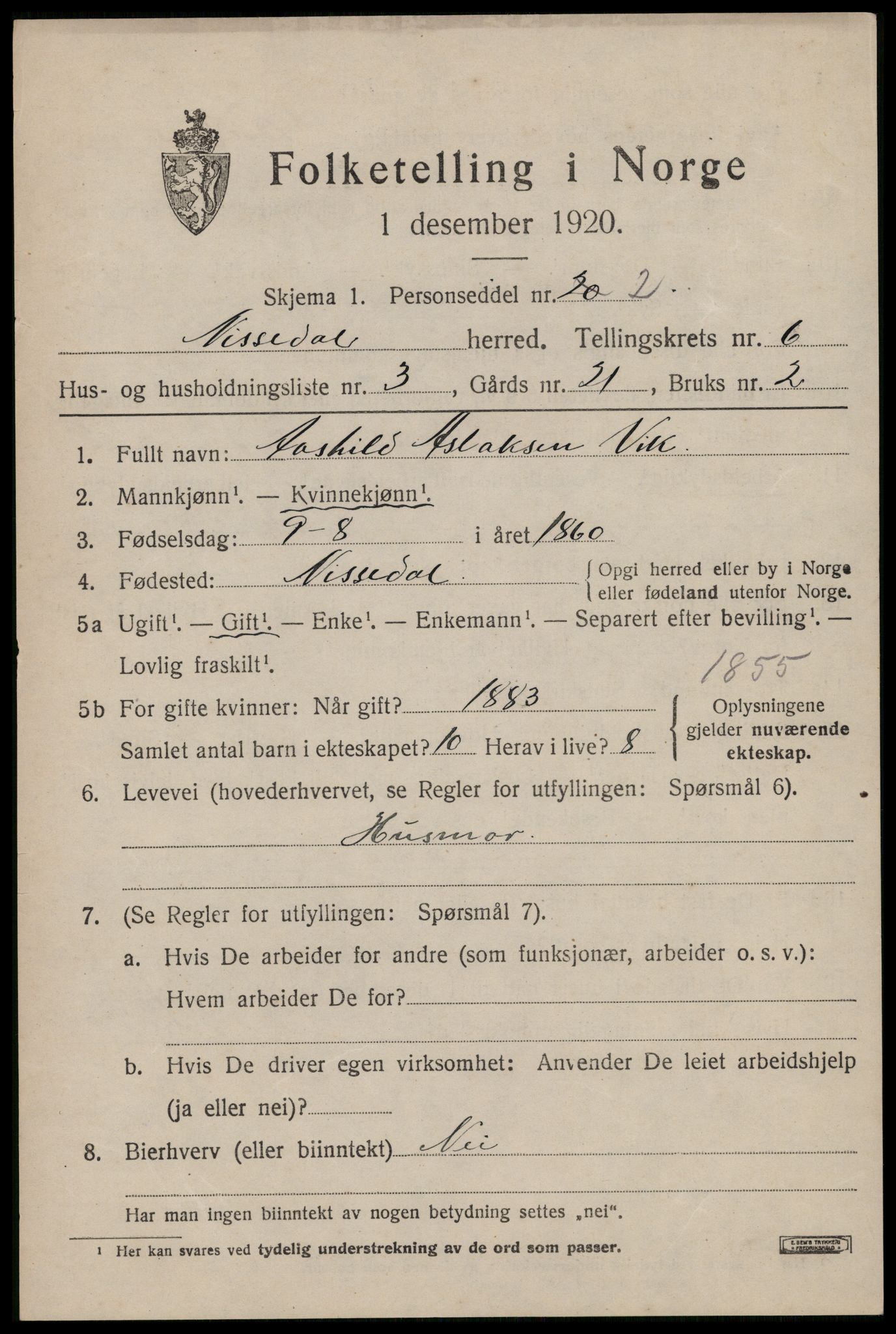 SAKO, 1920 census for Nissedal, 1920, p. 2309
