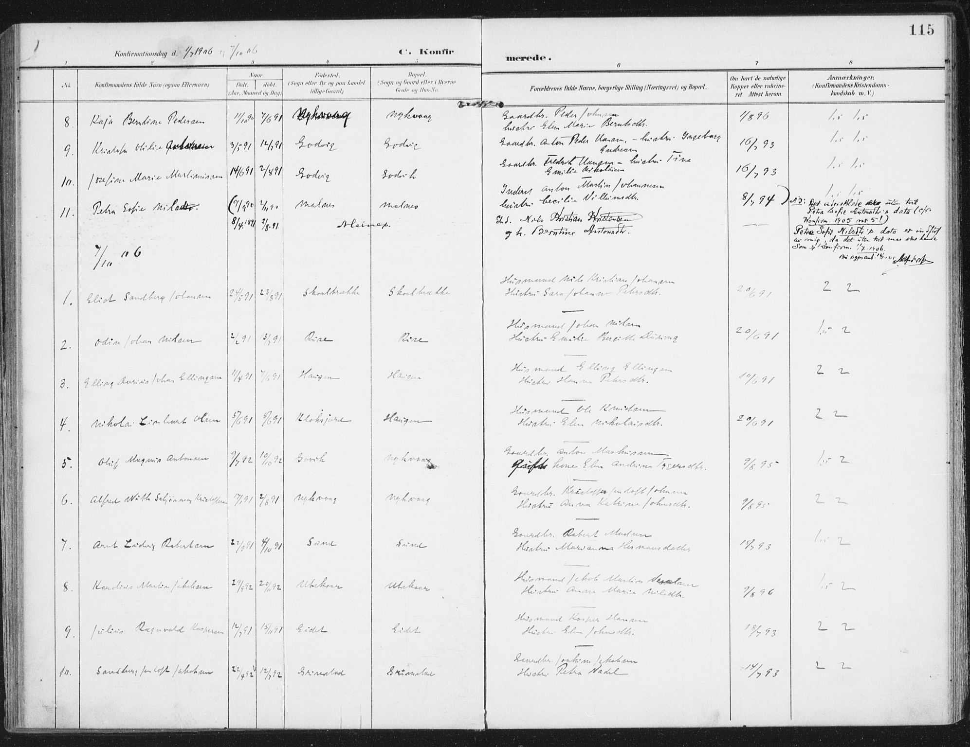 Ministerialprotokoller, klokkerbøker og fødselsregistre - Nordland, SAT/A-1459/892/L1321: Parish register (official) no. 892A02, 1902-1918, p. 115