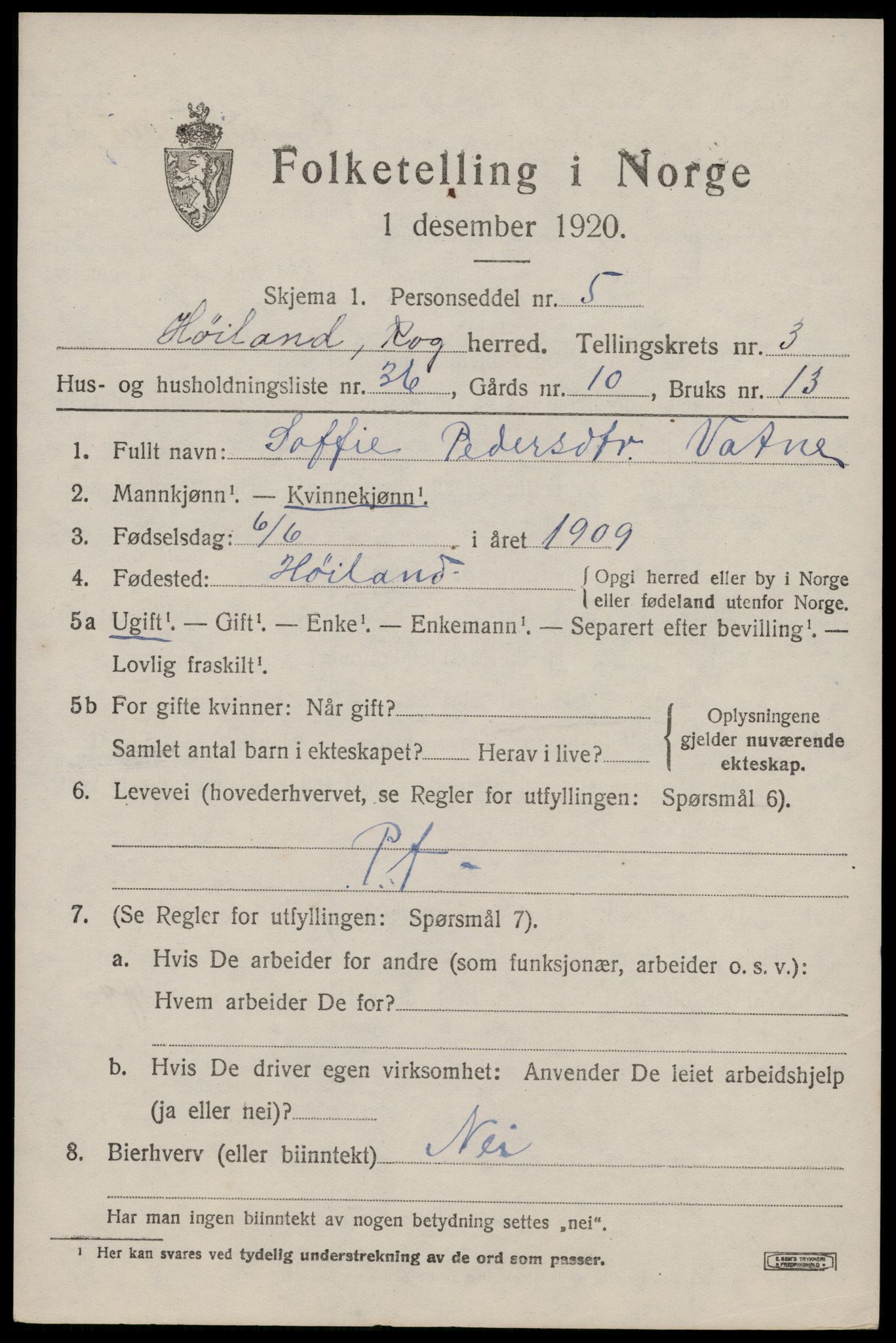 SAST, 1920 census for Høyland, 1920, p. 3408