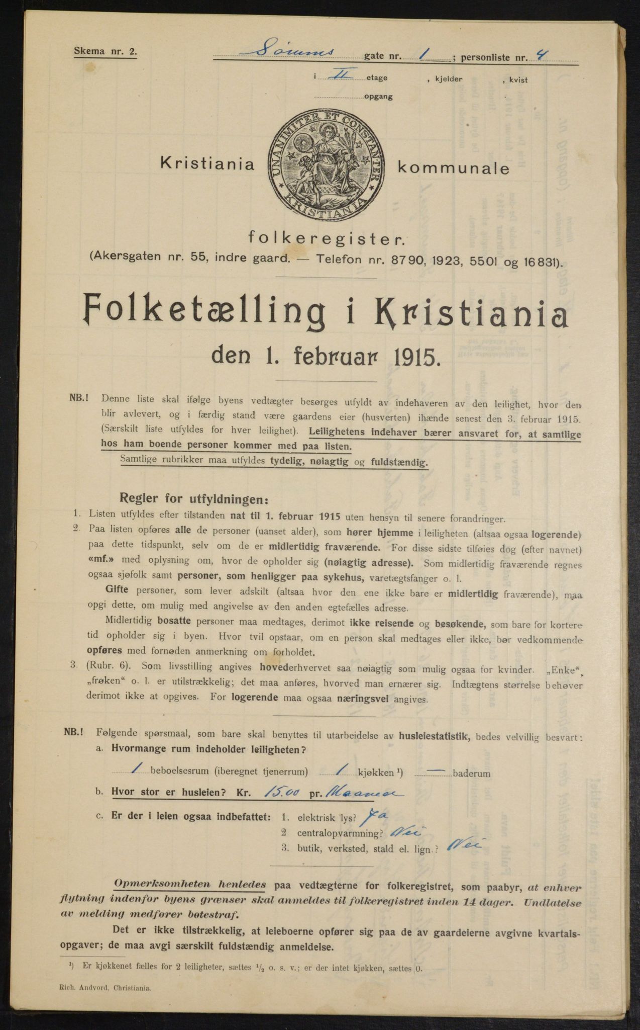 OBA, Municipal Census 1915 for Kristiania, 1915, p. 107174