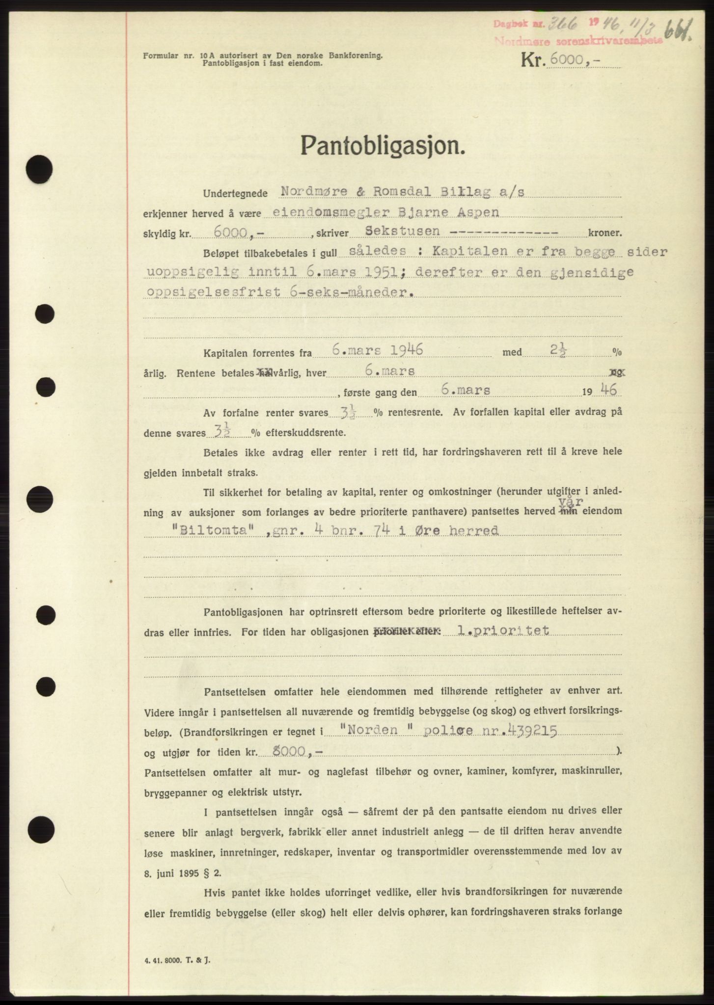 Nordmøre sorenskriveri, AV/SAT-A-4132/1/2/2Ca: Mortgage book no. B93b, 1946-1946, Diary no: : 366/1946