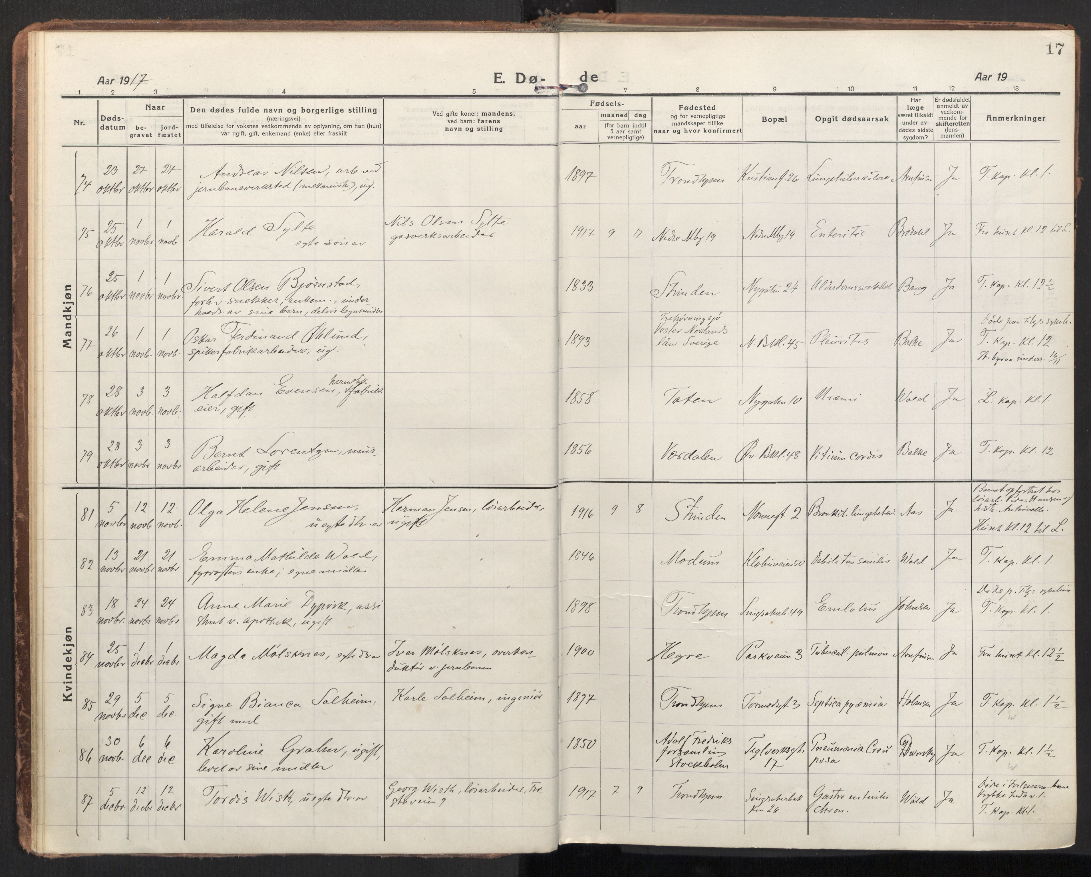 Ministerialprotokoller, klokkerbøker og fødselsregistre - Sør-Trøndelag, AV/SAT-A-1456/604/L0207: Parish register (official) no. 604A27, 1917-1933, p. 17