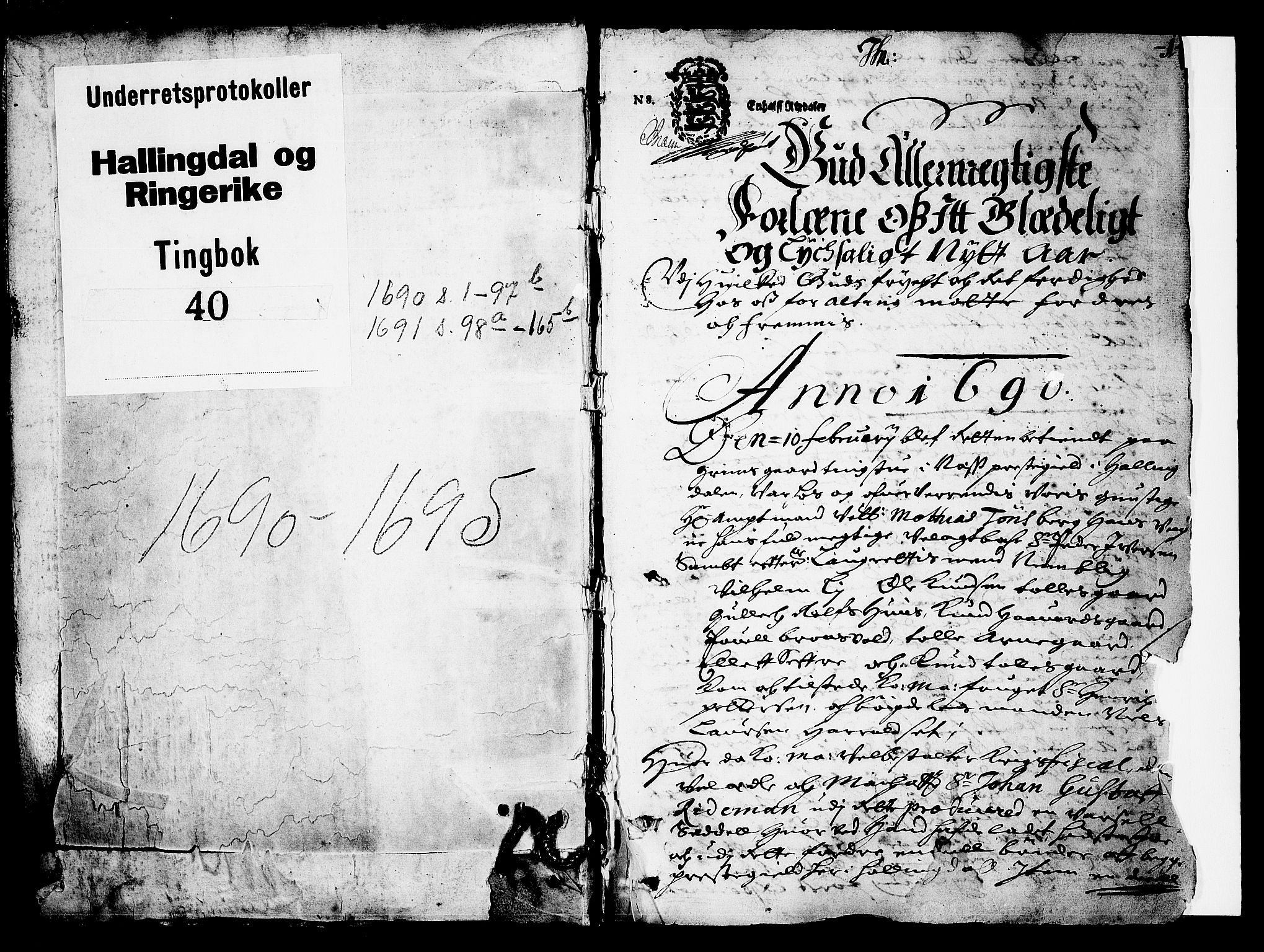 Ringerike og Hallingdal sorenskriveri, SAKO/A-81/F/Fa/Faa/L0021: Tingbok, 1690-1695, p. 1