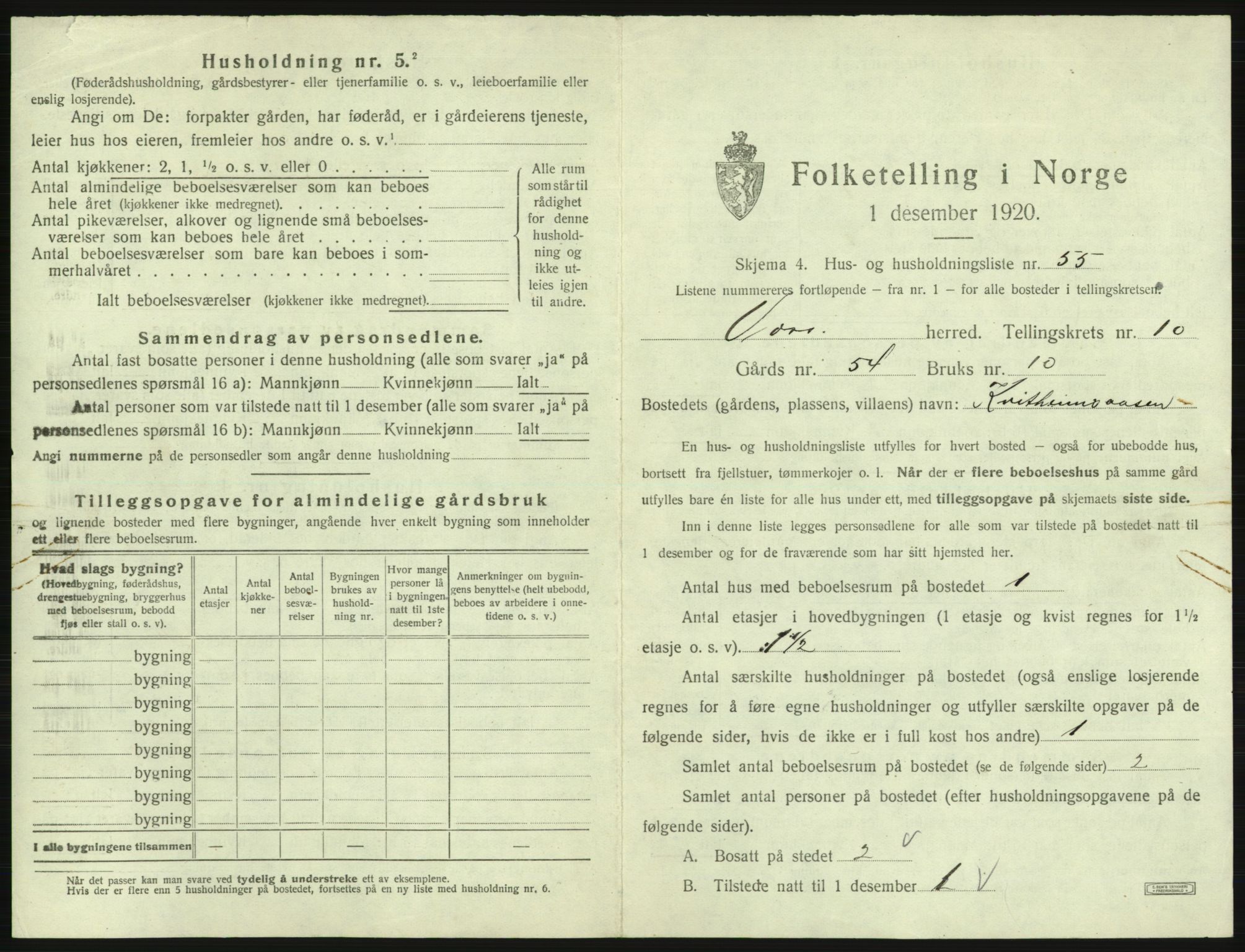 SAB, 1920 census for Voss, 1920, p. 1049