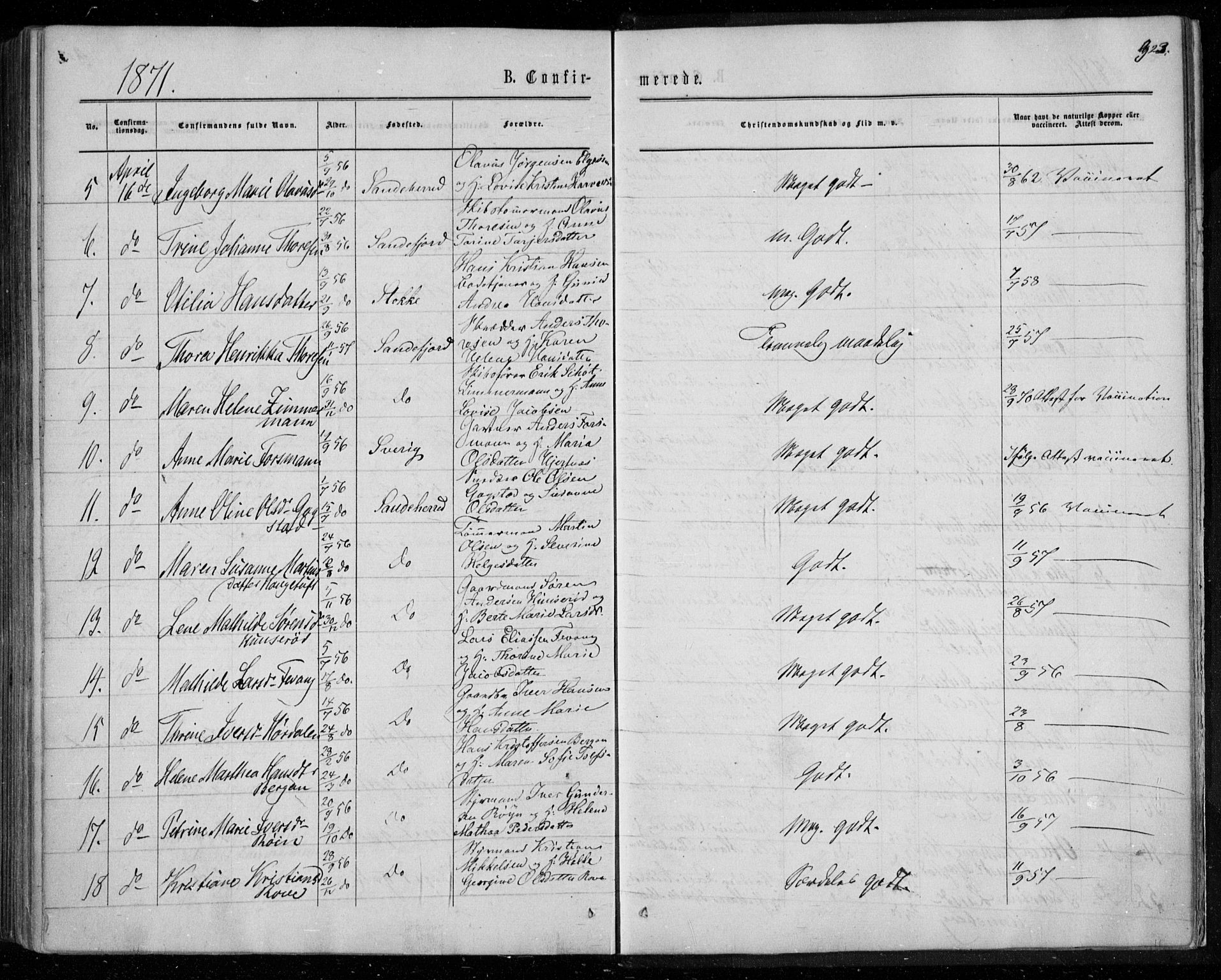 Sandar kirkebøker, AV/SAKO-A-243/F/Fa/L0008: Parish register (official) no. 8, 1862-1871, p. 323