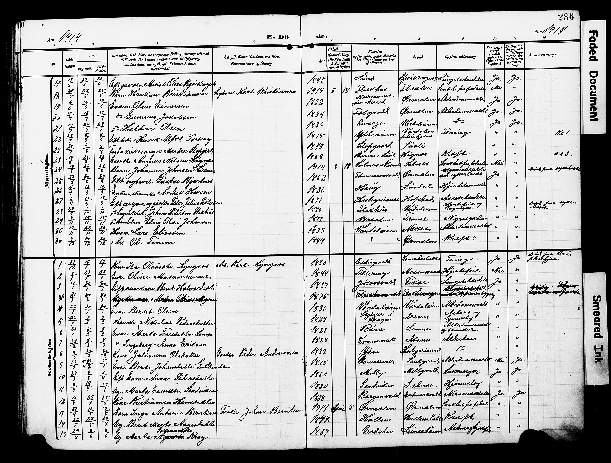 Ministerialprotokoller, klokkerbøker og fødselsregistre - Nord-Trøndelag, AV/SAT-A-1458/723/L0258: Parish register (copy) no. 723C06, 1908-1927, p. 286