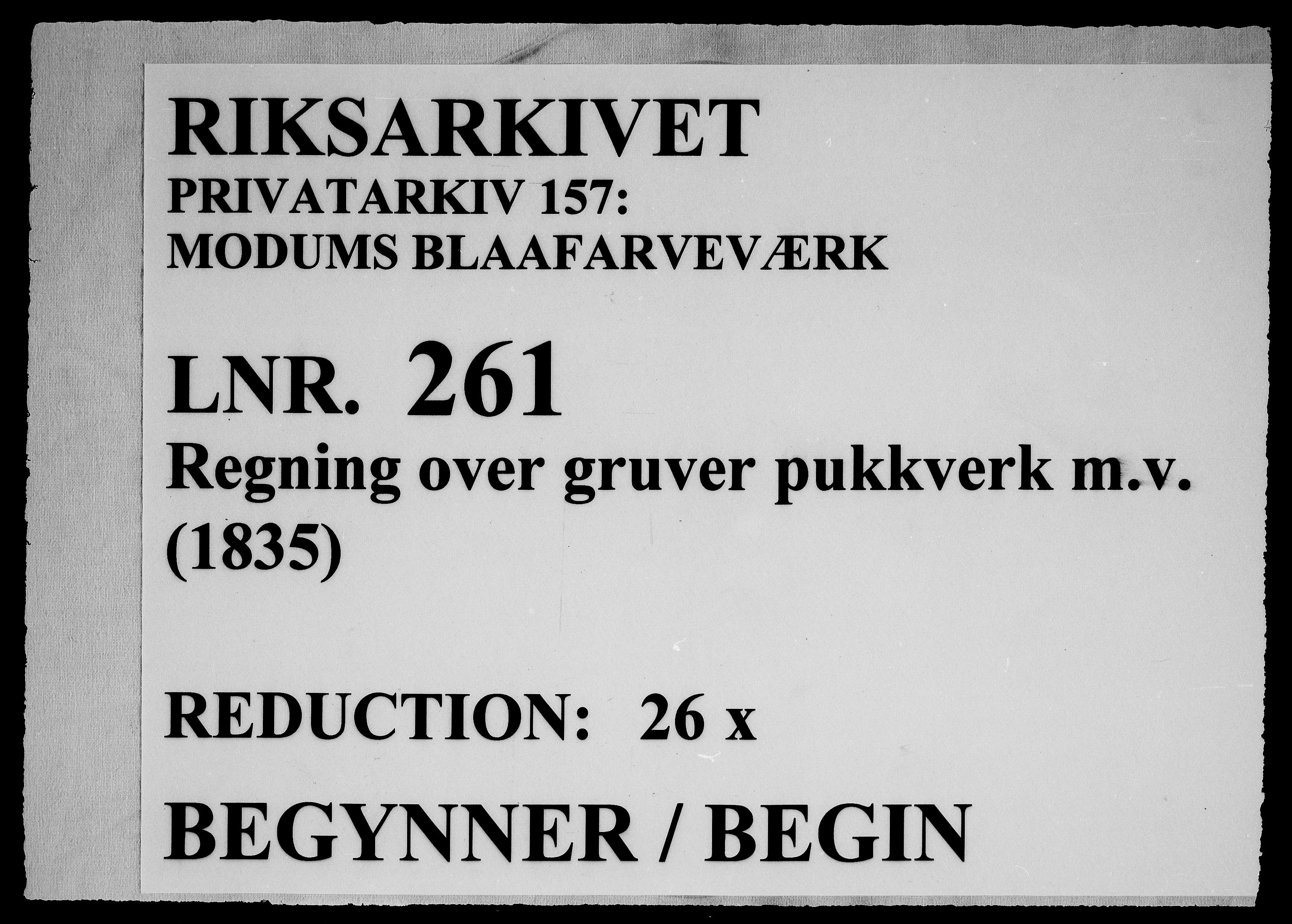 Modums Blaafarveværk, RA/PA-0157/G/Gd/Gdd/L0261/0001: -- / Regning over gruver pukkverk m.v., 1835, p. 1