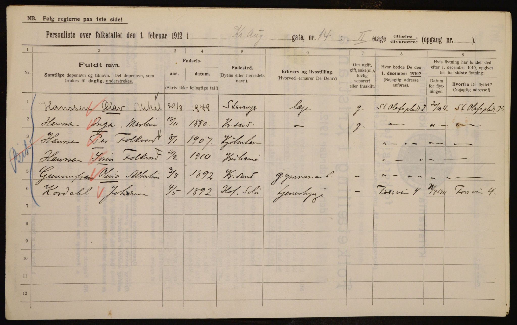 OBA, Municipal Census 1912 for Kristiania, 1912, p. 54321