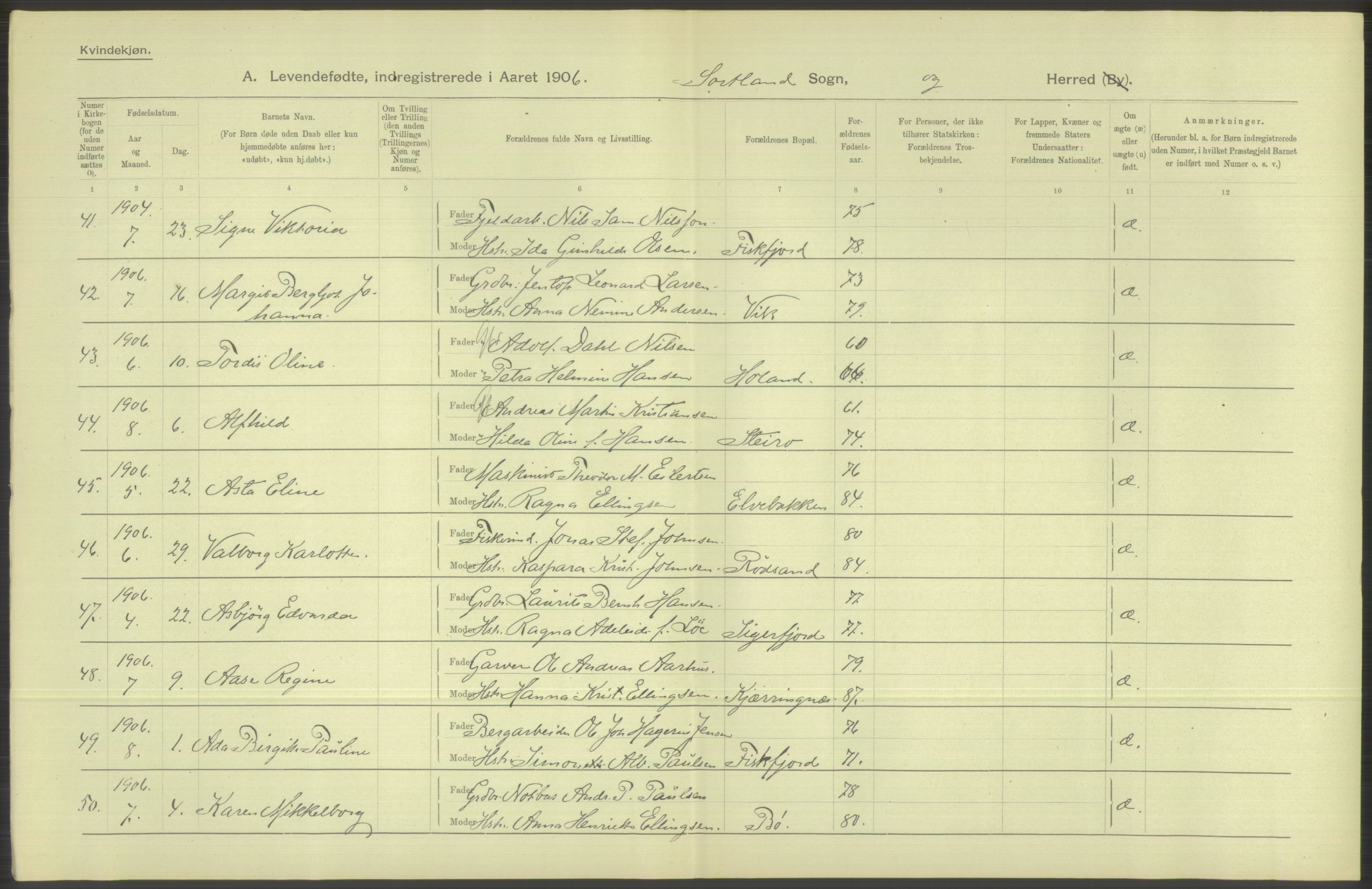 Statistisk sentralbyrå, Sosiodemografiske emner, Befolkning, AV/RA-S-2228/D/Df/Dfa/Dfad/L0044: Nordlands amt: Levendefødte menn og kvinner. Bygder., 1906, p. 34