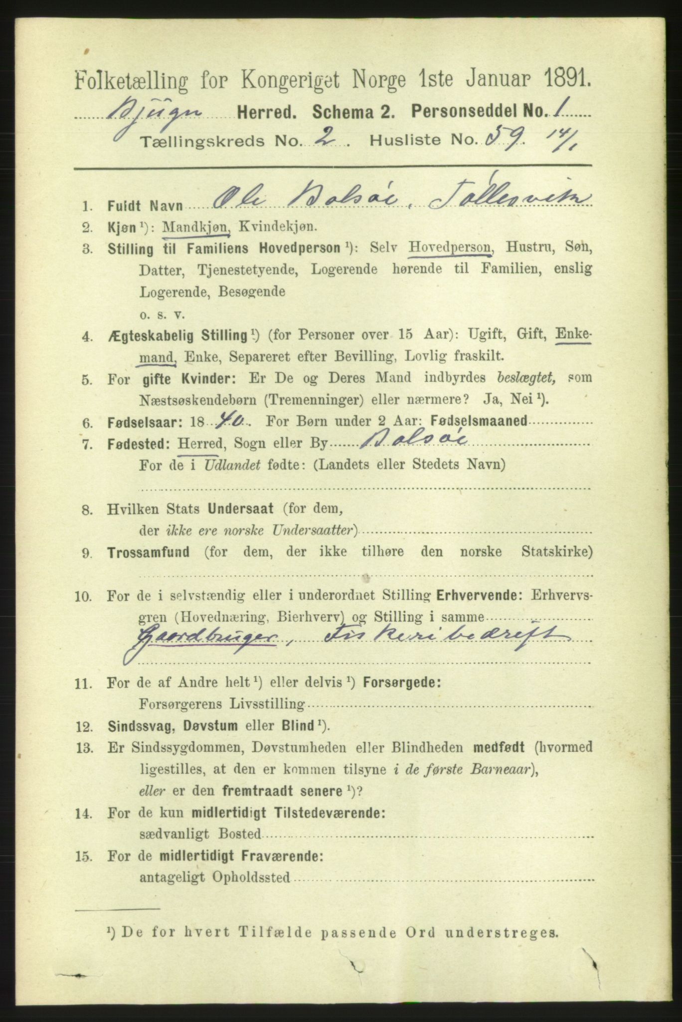 RA, 1891 census for 1627 Bjugn, 1891, p. 579