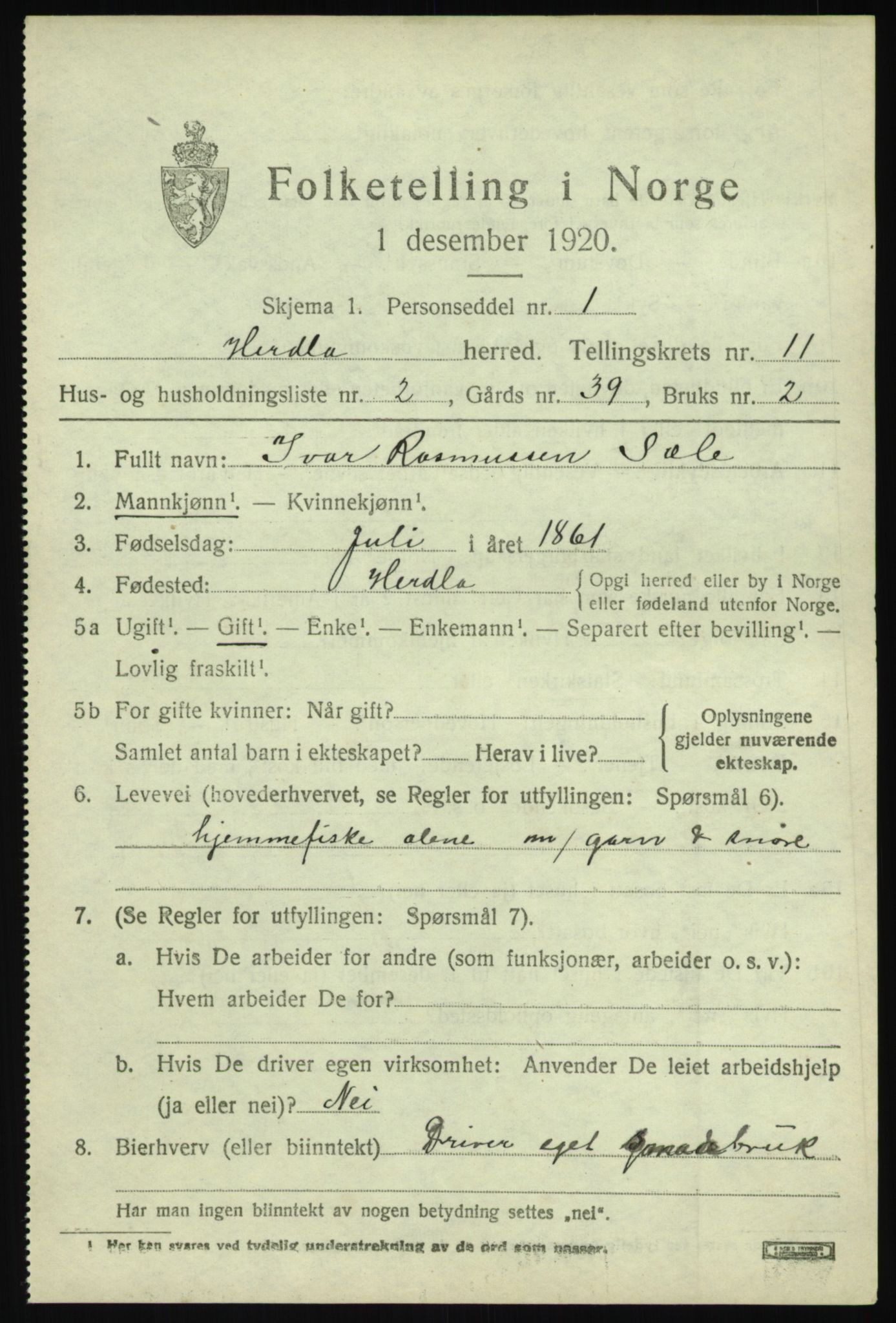 SAB, 1920 census for Herdla, 1920, p. 7539