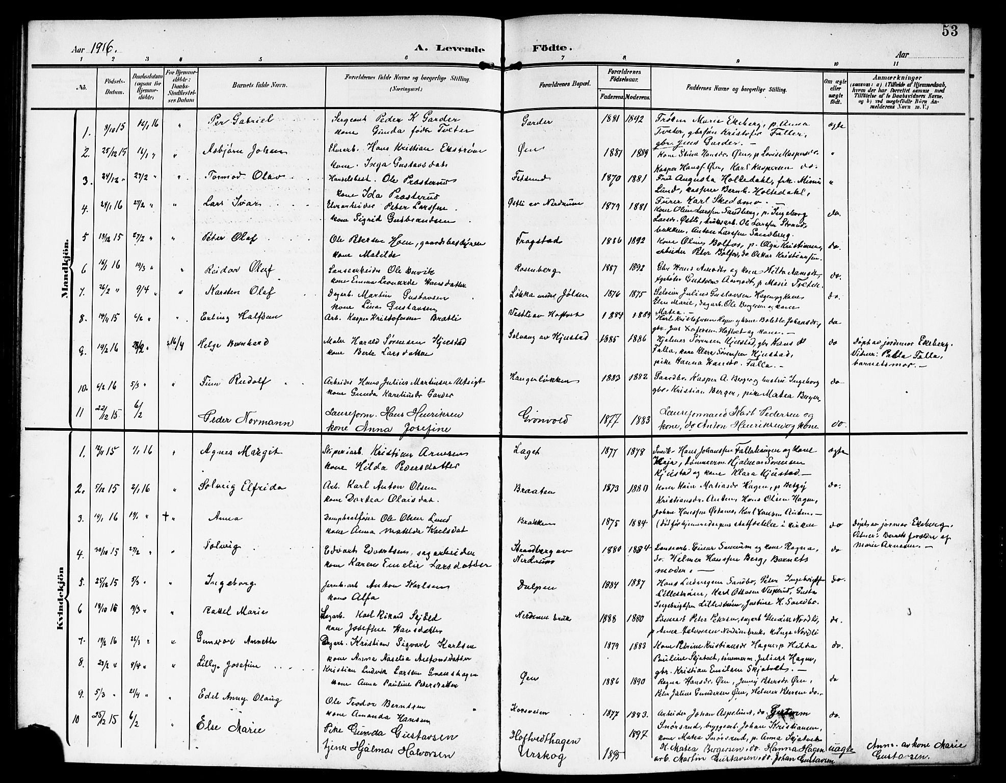 Fet prestekontor Kirkebøker, SAO/A-10370a/G/Ga/L0008: Parish register (copy) no. I 8, 1907-1920, p. 53