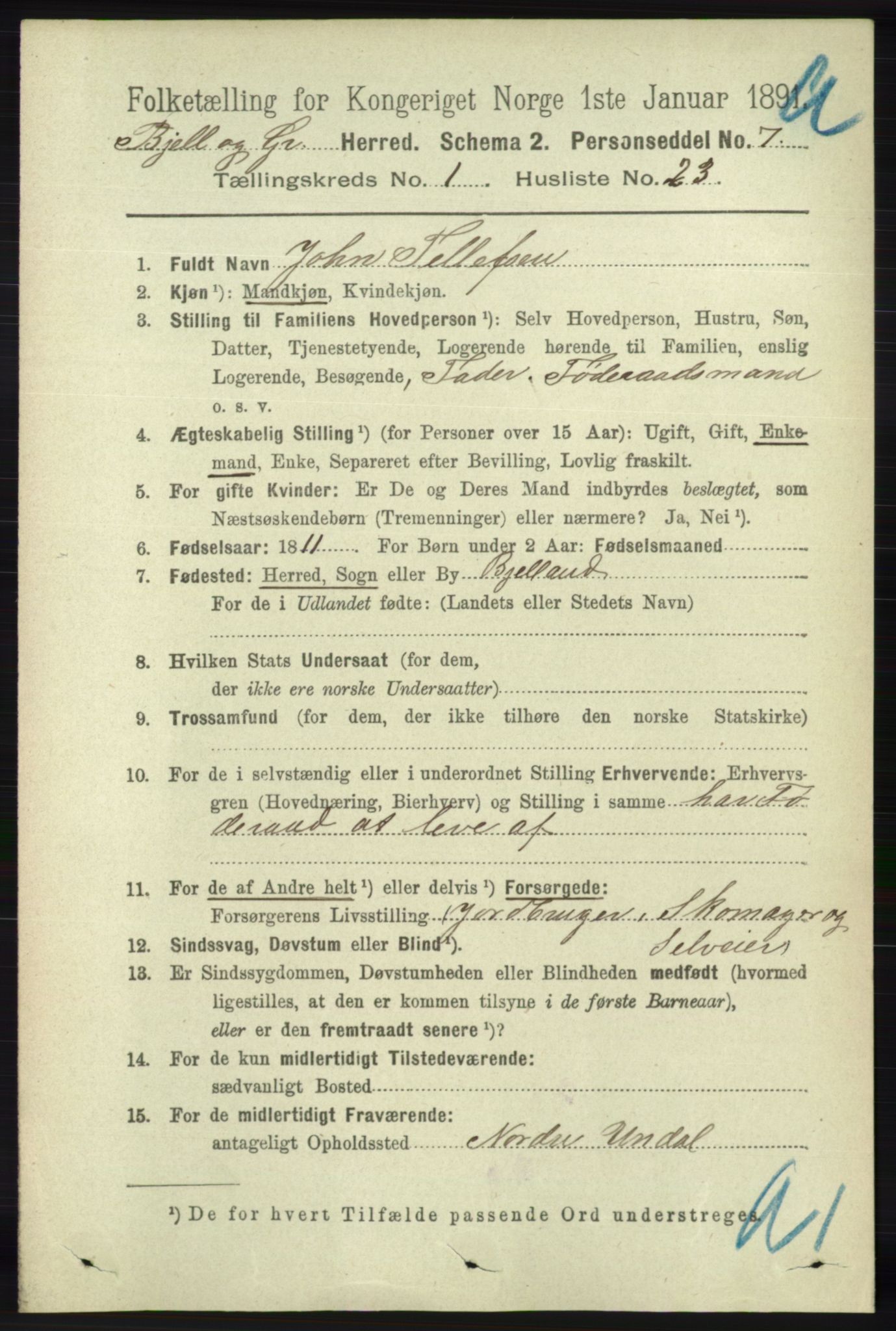 RA, 1891 census for 1024 Bjelland og Grindheim, 1891, p. 167