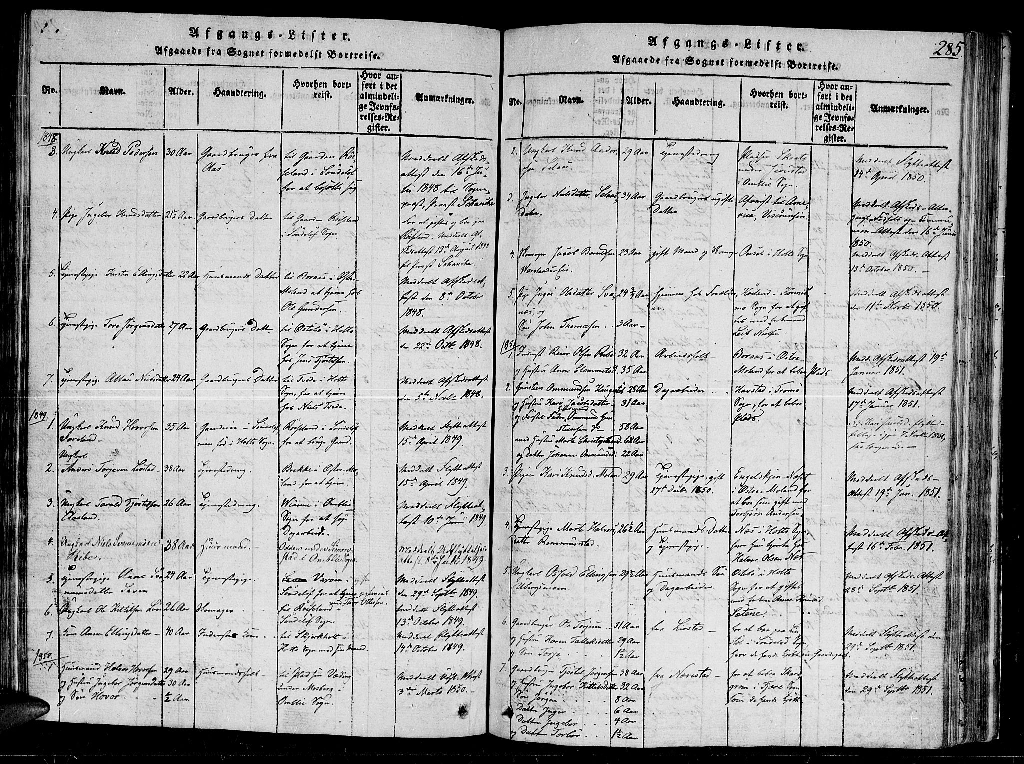 Gjerstad sokneprestkontor, AV/SAK-1111-0014/F/Fb/Fbb/L0001: Parish register (copy) no. B 1, 1813-1863, p. 285