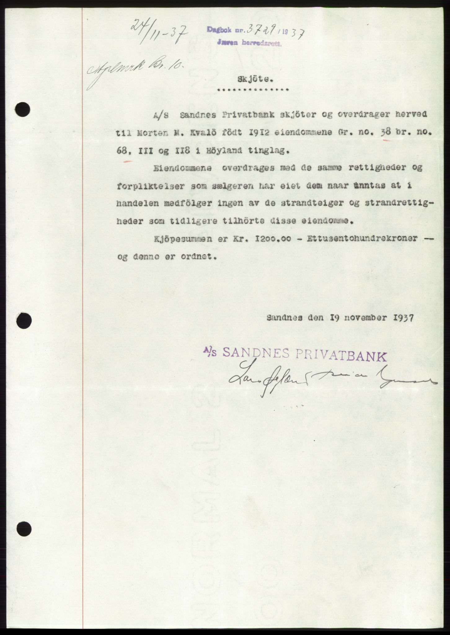 Jæren sorenskriveri, SAST/A-100310/03/G/Gba/L0069: Mortgage book, 1937-1937, Diary no: : 3729/1937