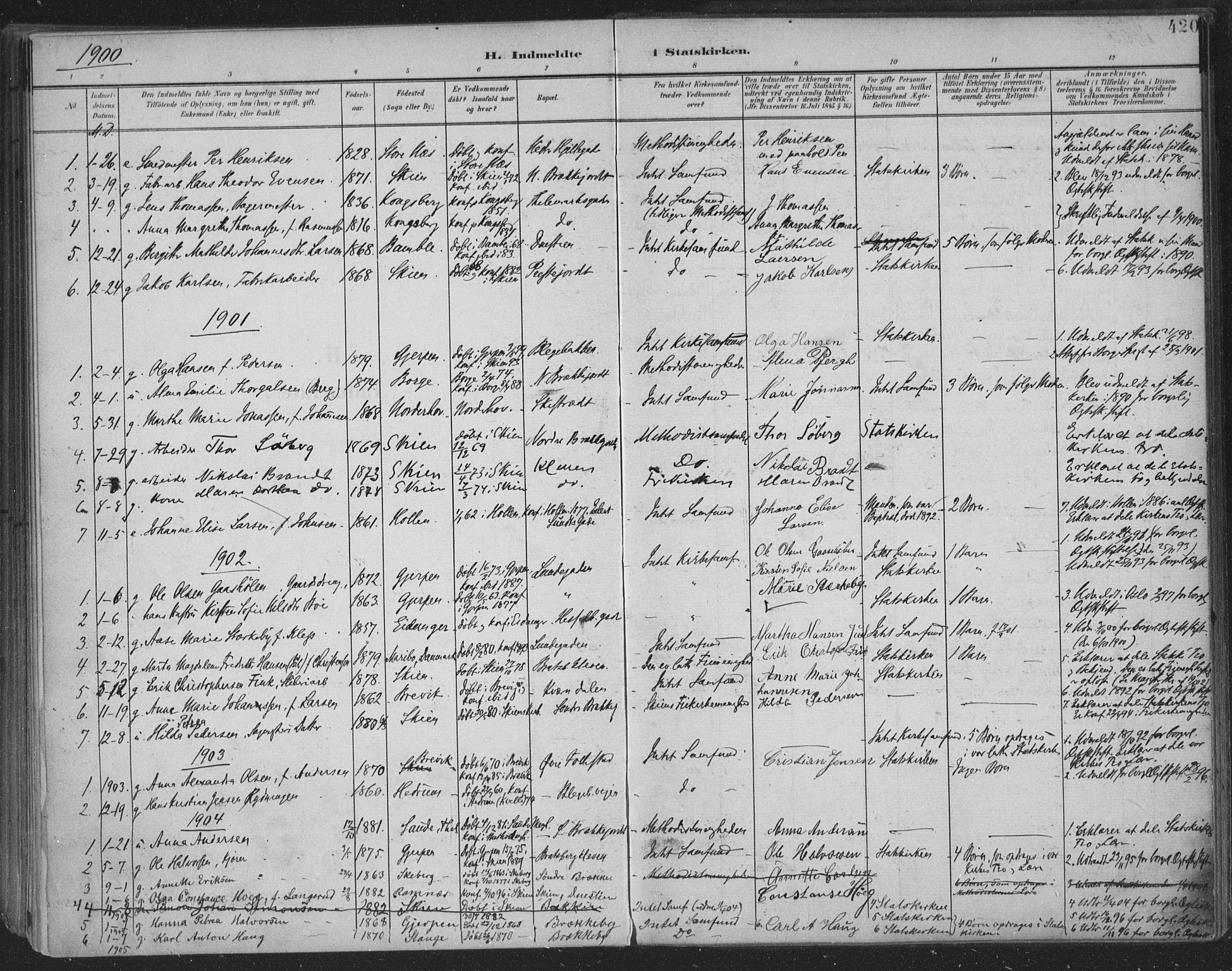 Skien kirkebøker, SAKO/A-302/F/Fa/L0011: Parish register (official) no. 11, 1900-1907, p. 420