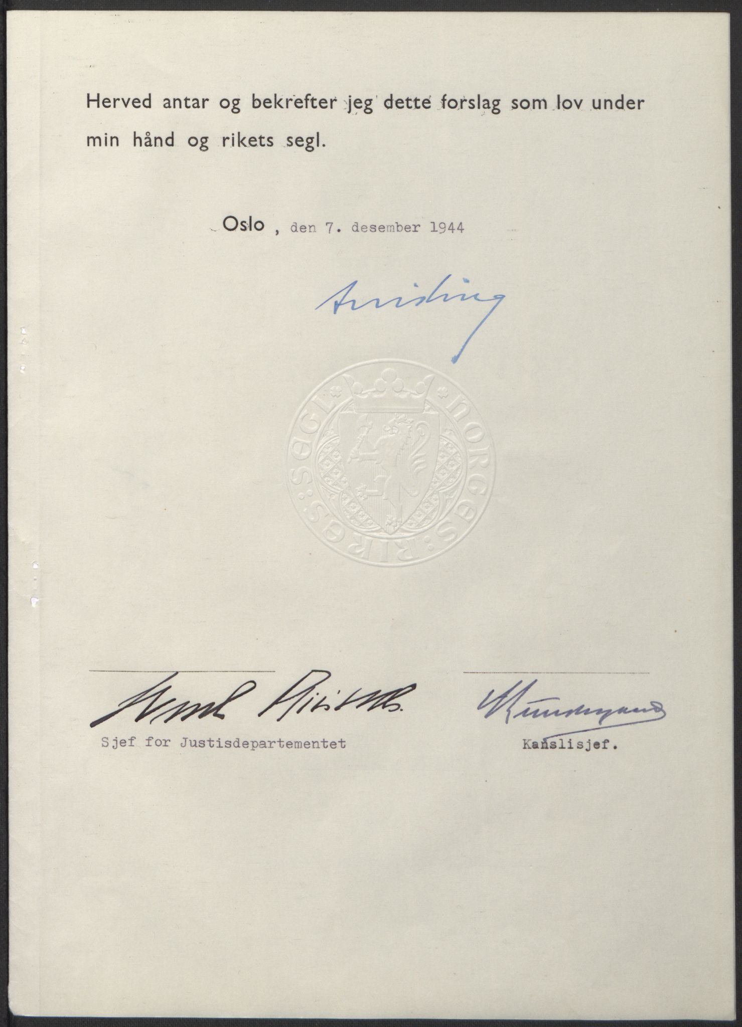 NS-administrasjonen 1940-1945 (Statsrådsekretariatet, de kommisariske statsråder mm), AV/RA-S-4279/D/Db/L0100: Lover, 1944, p. 642