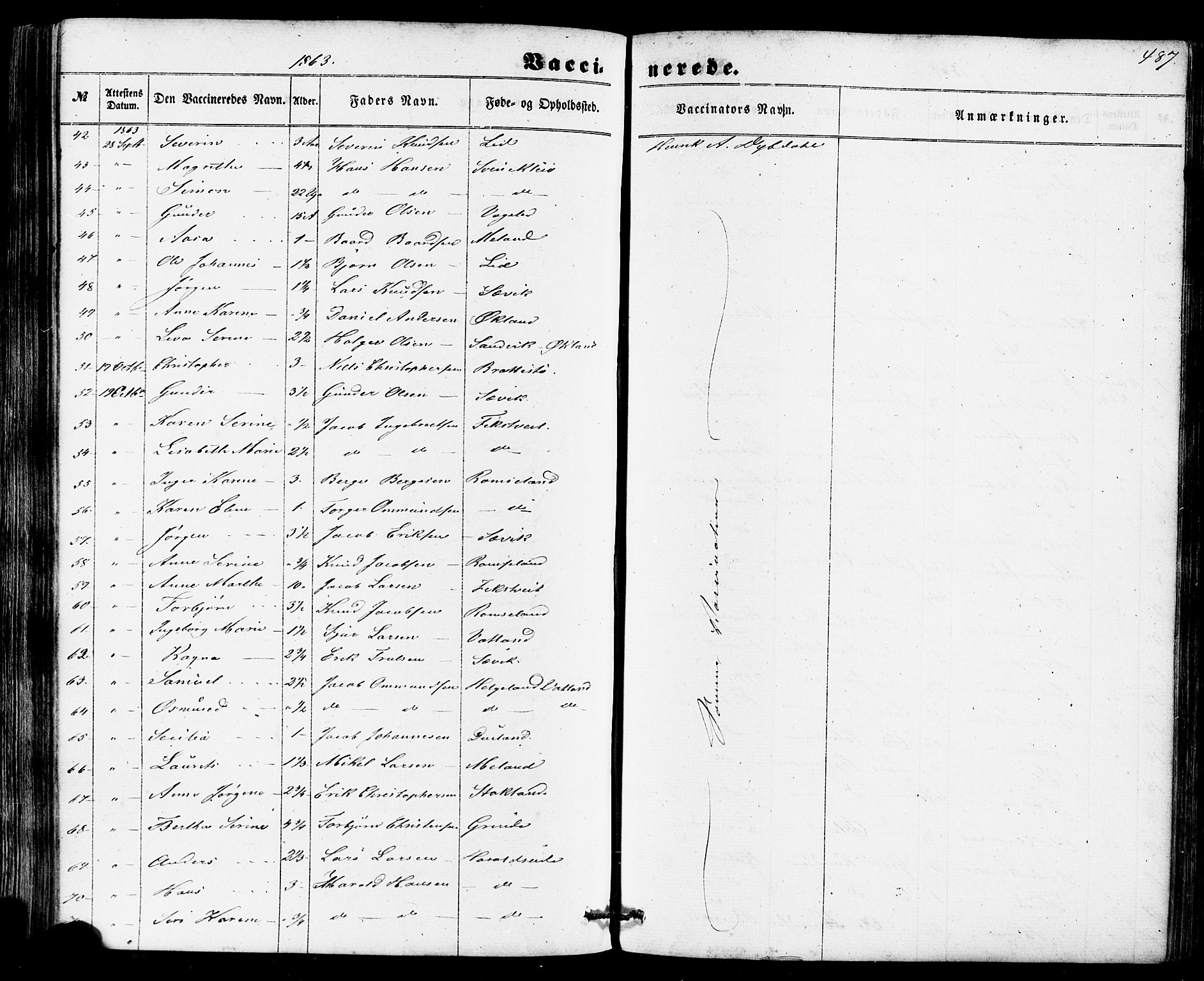 Skjold sokneprestkontor, AV/SAST-A-101847/H/Ha/Haa/L0008: Parish register (official) no. A 8, 1856-1882, p. 487