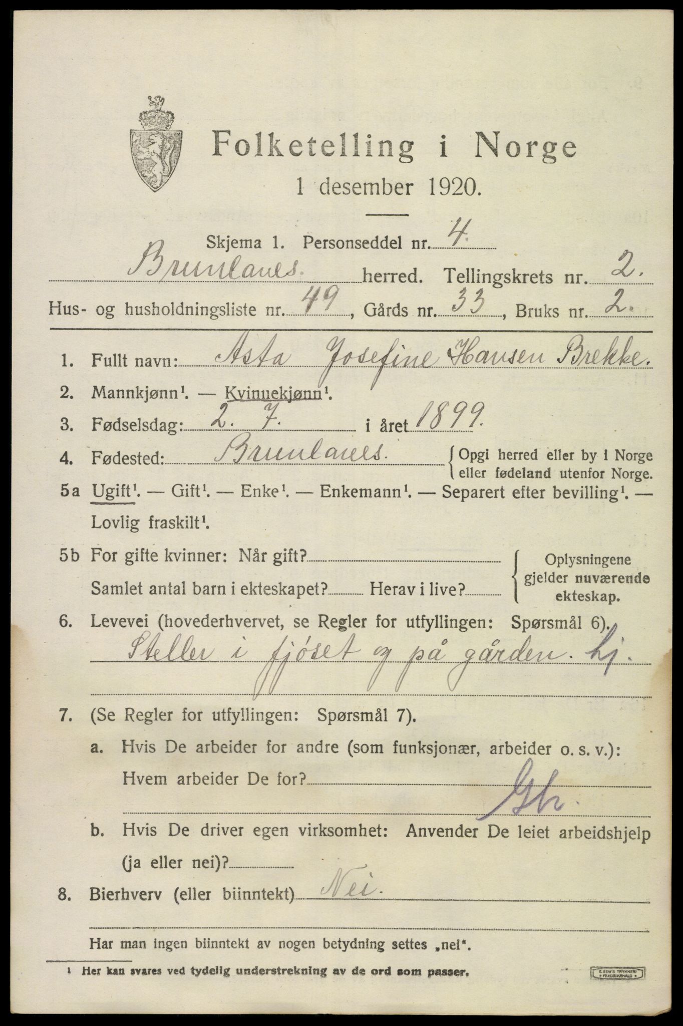 SAKO, 1920 census for Brunlanes, 1920, p. 3827