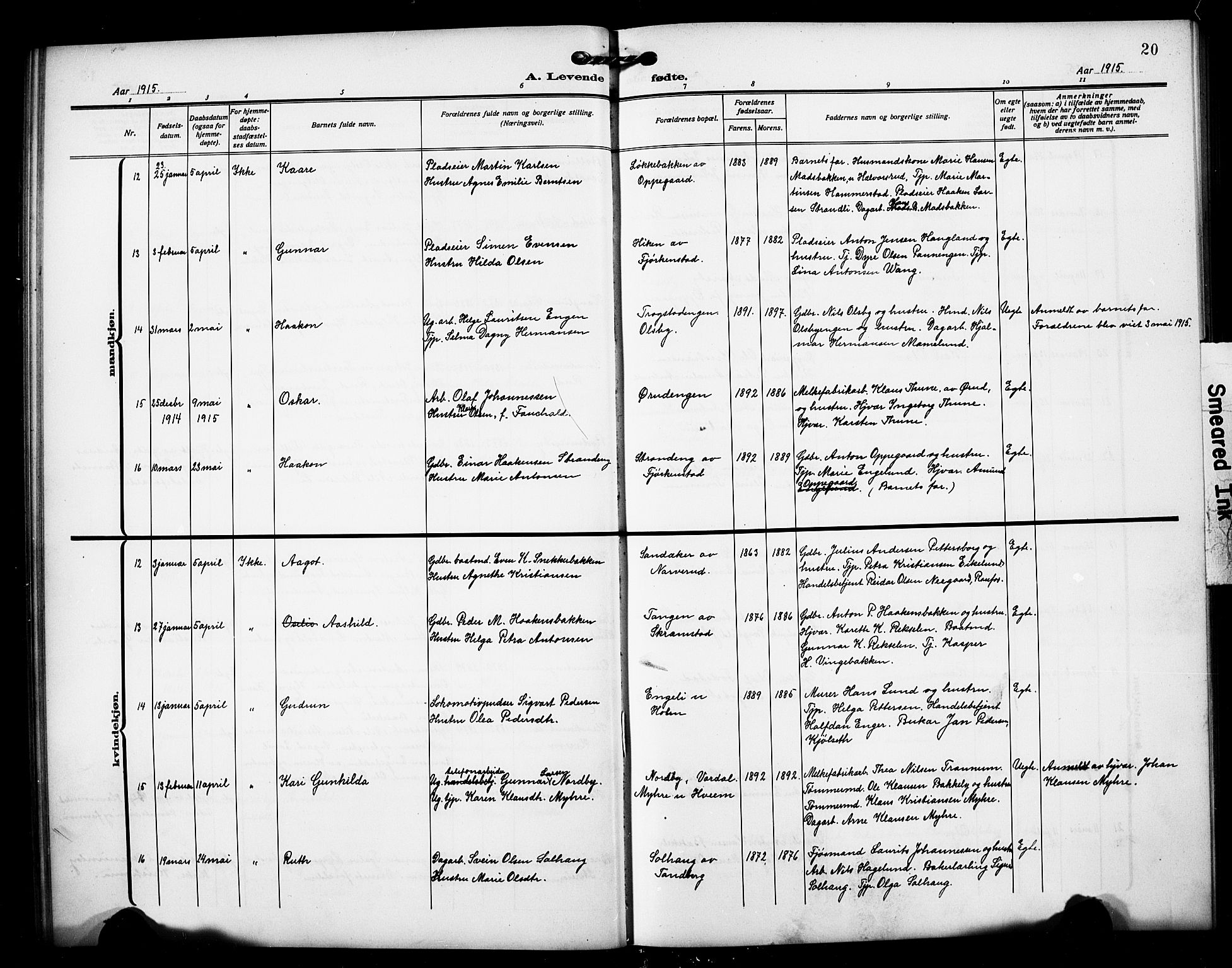 Østre Toten prestekontor, AV/SAH-PREST-104/H/Ha/Hab/L0008: Parish register (copy) no. 8, 1913-1929, p. 20