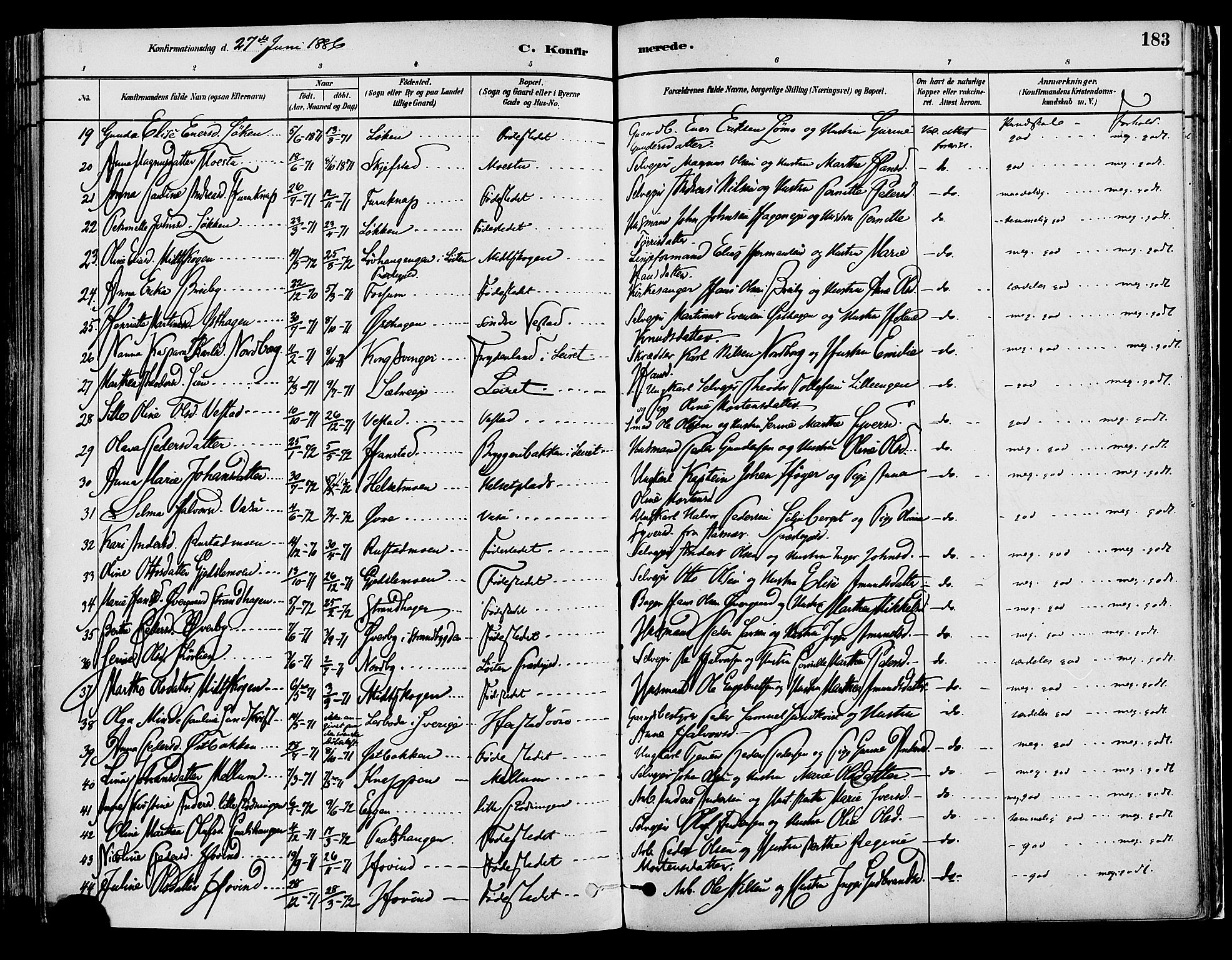 Elverum prestekontor, AV/SAH-PREST-044/H/Ha/Haa/L0013: Parish register (official) no. 13, 1880-1890, p. 183