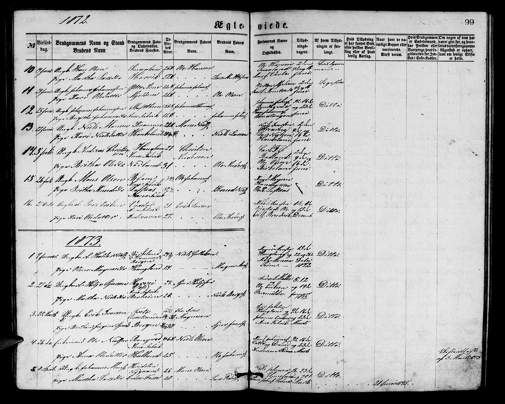 Arna Sokneprestembete, SAB/A-74001/H/Ha/Hab: Parish register (copy) no. A 1, 1869-1879, p. 99