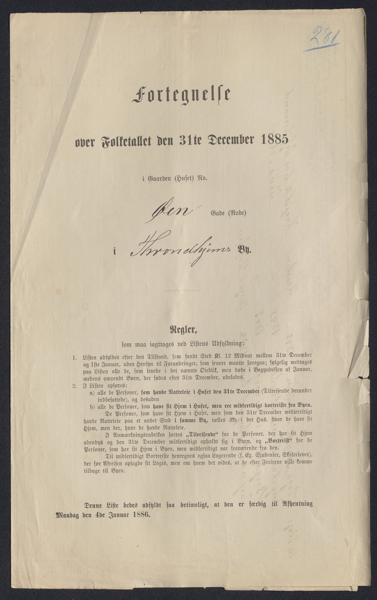 SAT, 1885 census for 1601 Trondheim, 1885, p. 2664