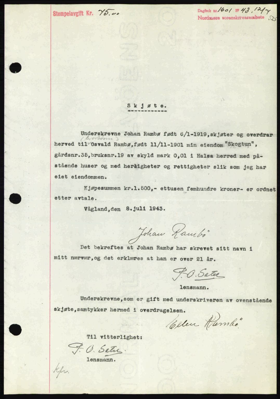 Nordmøre sorenskriveri, AV/SAT-A-4132/1/2/2Ca: Mortgage book no. A95, 1943-1943, Diary no: : 1601/1943