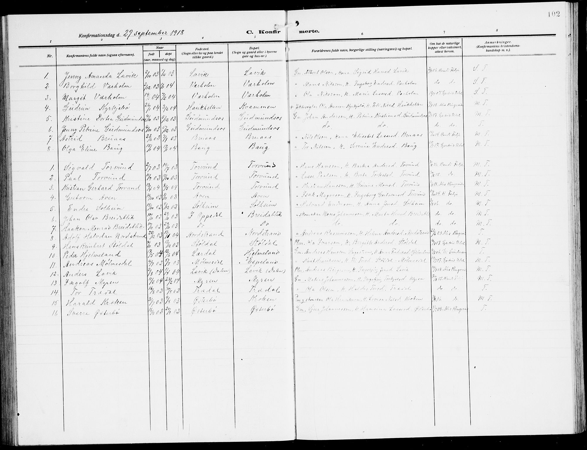 Lavik sokneprestembete, AV/SAB-A-80901: Parish register (copy) no. A 3, 1911-1942, p. 102