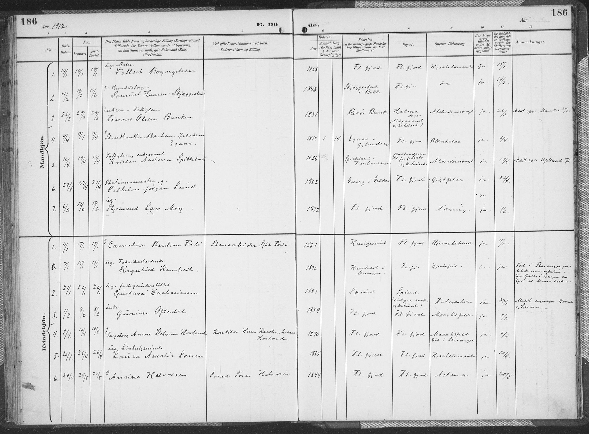 Flekkefjord sokneprestkontor, SAK/1111-0012/F/Fa/Faa/L0002: Parish register (official) no. A 2, 1900-1912, p. 186