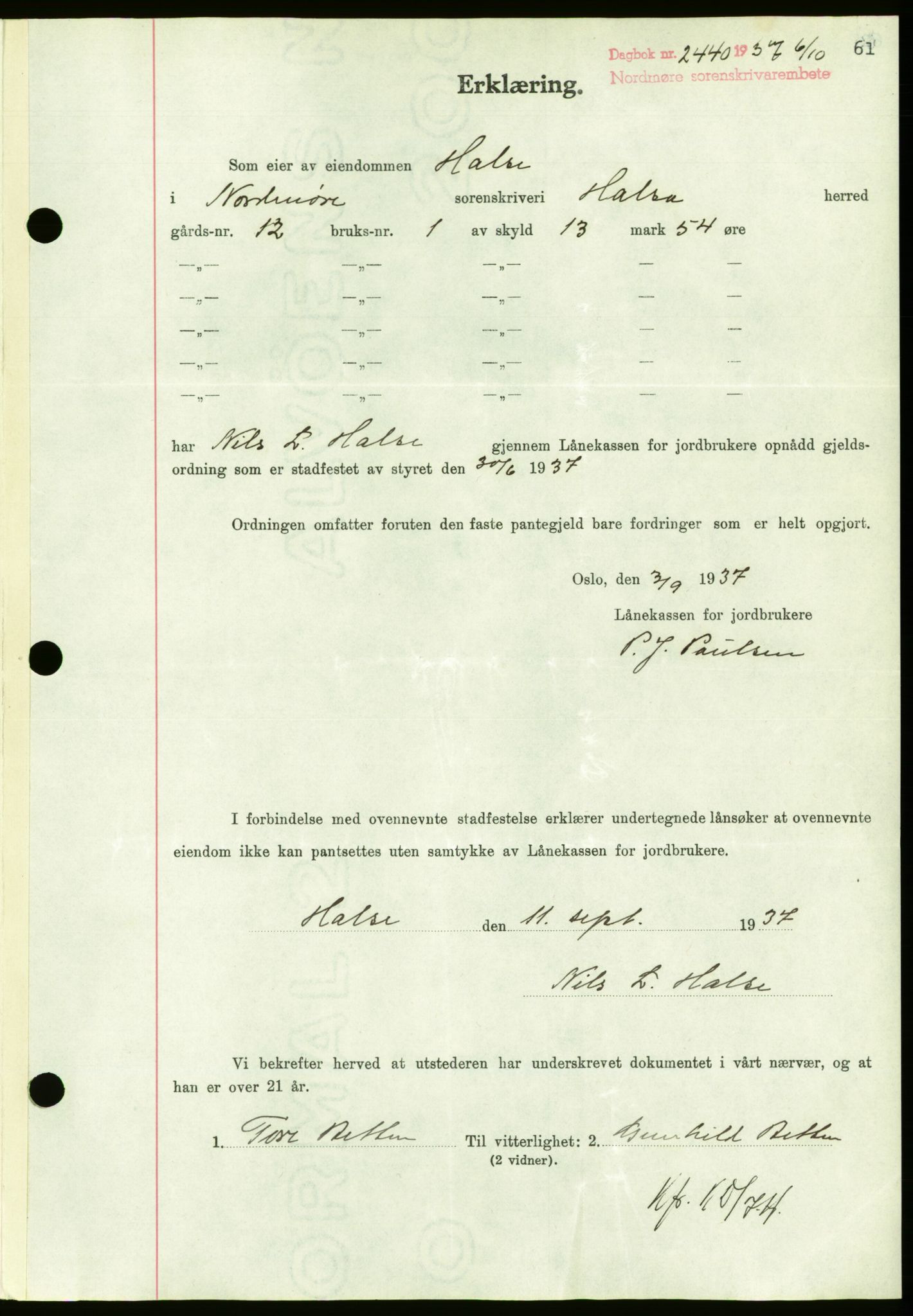 Nordmøre sorenskriveri, AV/SAT-A-4132/1/2/2Ca/L0092: Mortgage book no. B82, 1937-1938, Diary no: : 2440/1937