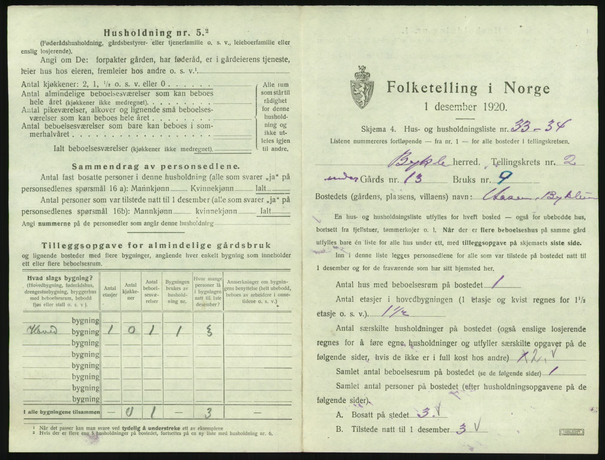 SAK, 1920 census for Bykle, 1920, p. 139