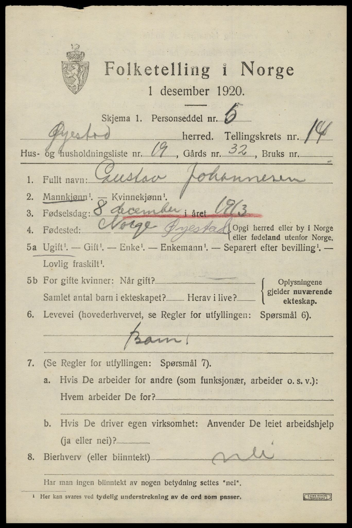 SAK, 1920 census for Øyestad, 1920, p. 9430