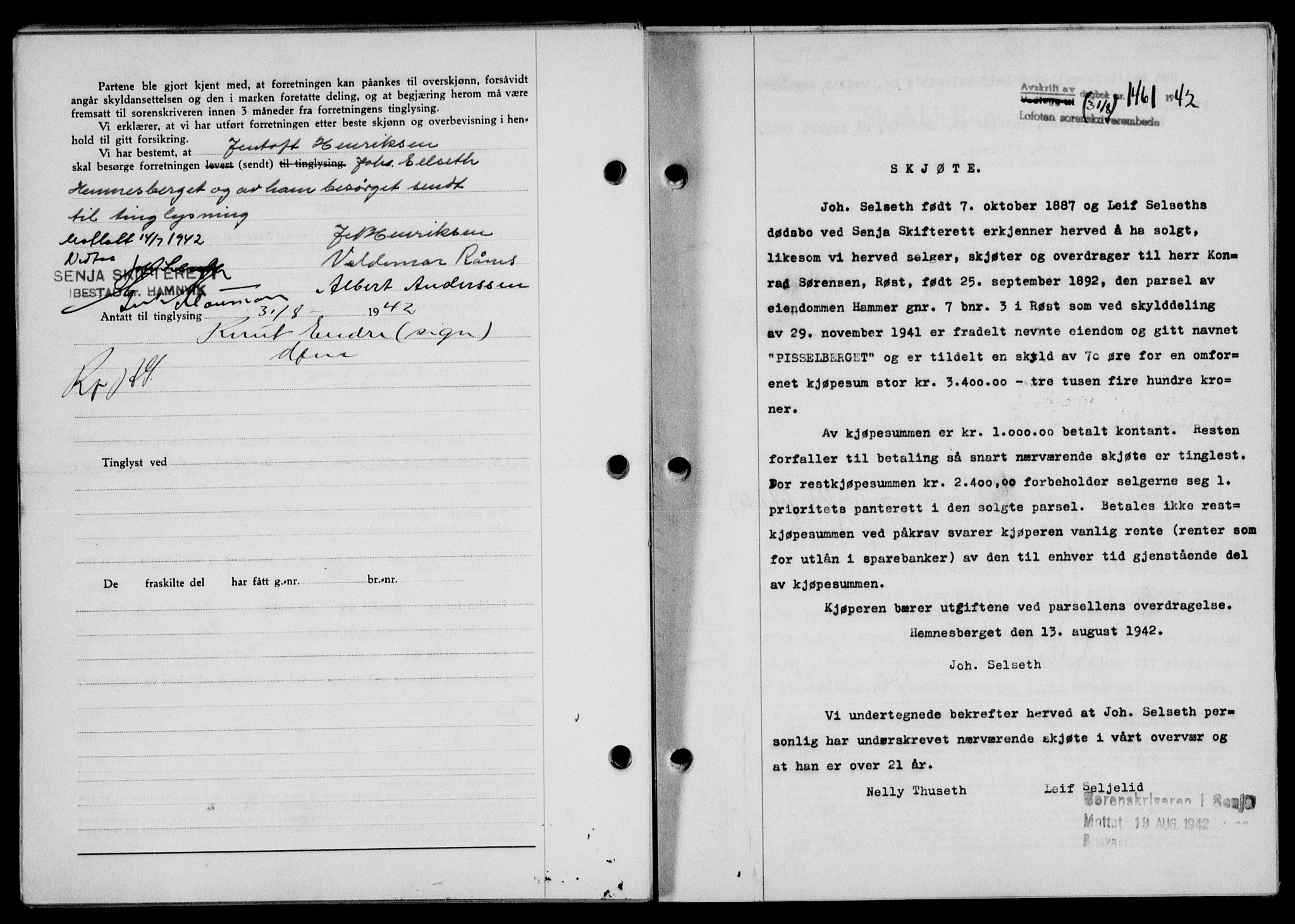 Lofoten sorenskriveri, SAT/A-0017/1/2/2C/L0010a: Mortgage book no. 10a, 1942-1943, Diary no: : 1461/1942