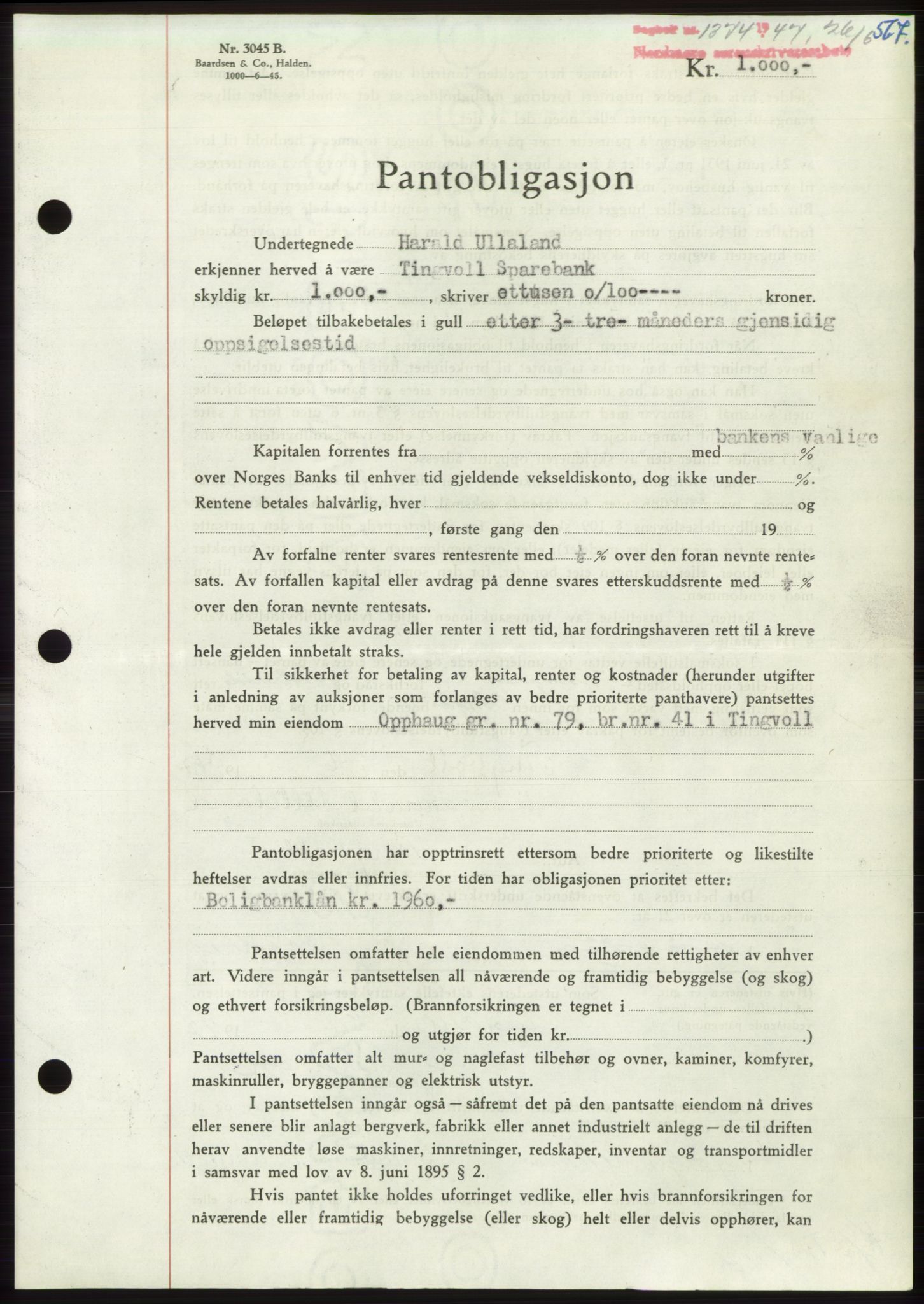 Nordmøre sorenskriveri, AV/SAT-A-4132/1/2/2Ca: Mortgage book no. B96, 1947-1947, Diary no: : 1374/1947