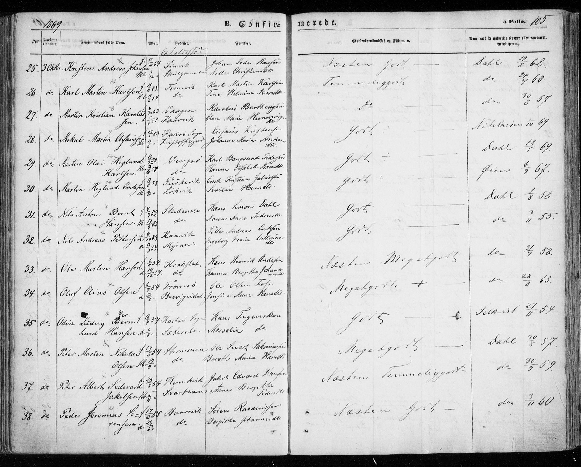 Tromsøysund sokneprestkontor, AV/SATØ-S-1304/G/Ga/L0002kirke: Parish register (official) no. 2, 1867-1875, p. 105