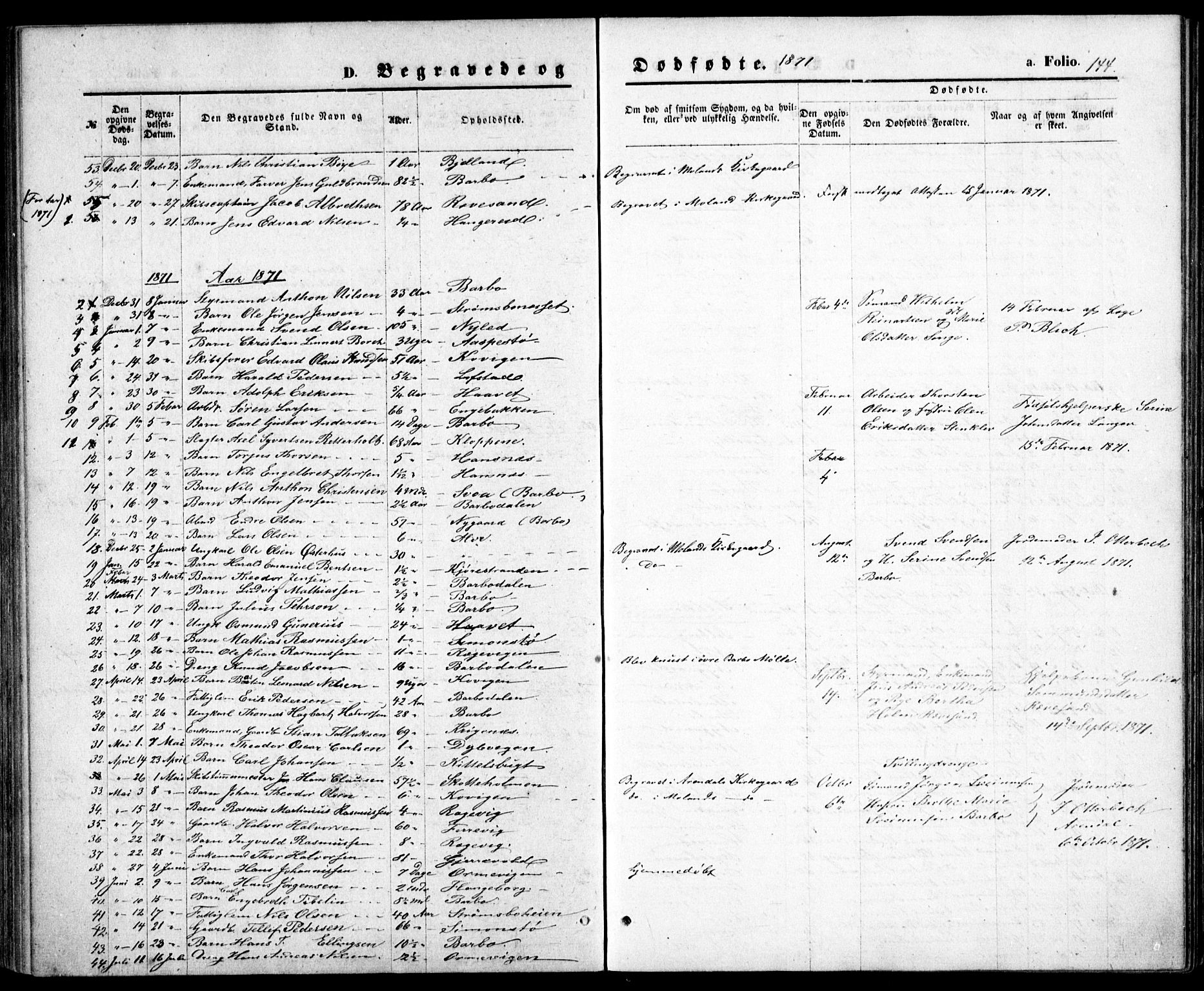 Tromøy sokneprestkontor, SAK/1111-0041/F/Fb/L0004: Parish register (copy) no. B 4, 1869-1877, p. 144